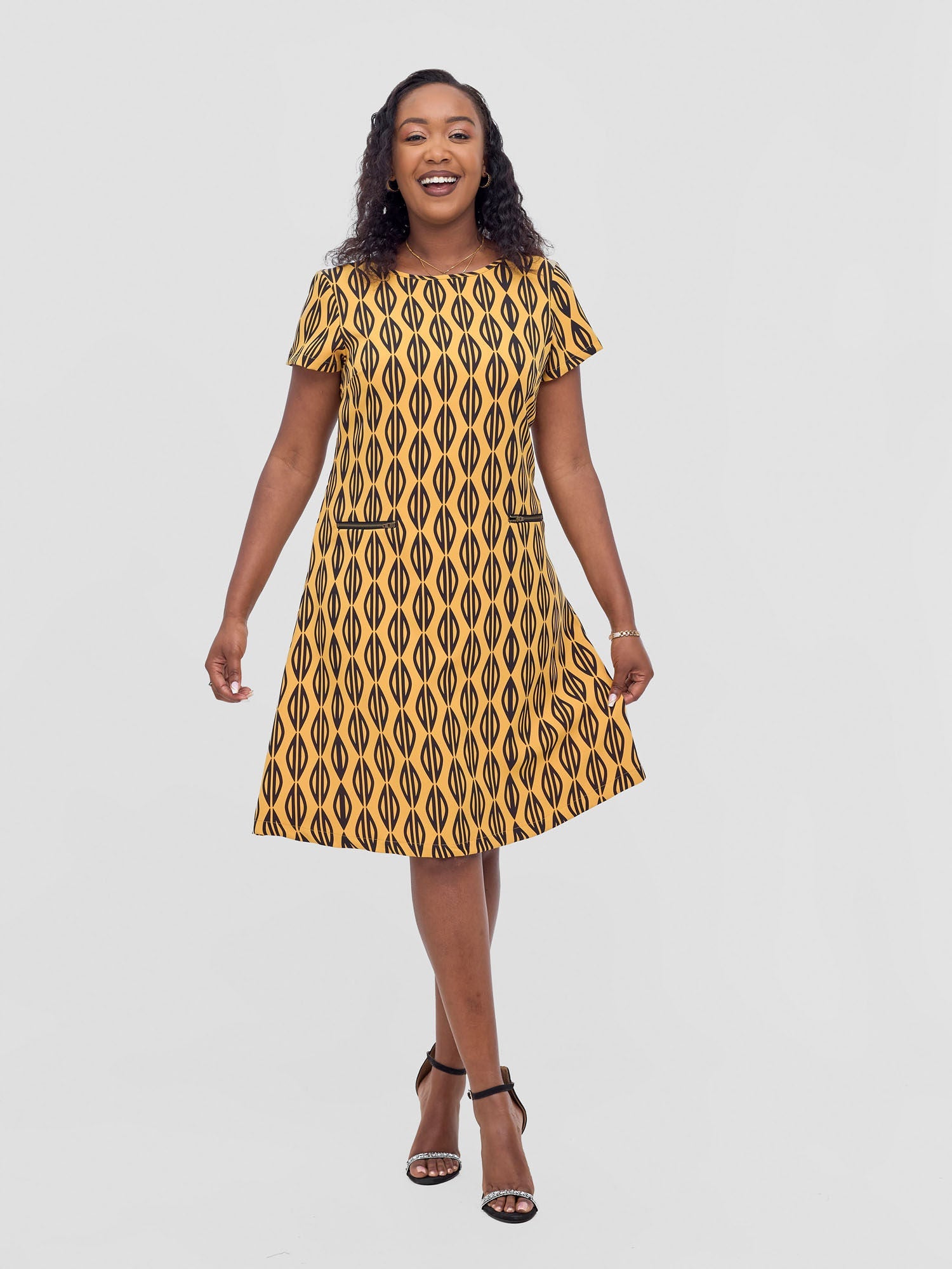 Vivo Mandla Side Zipper Dress - Mustard / Black Anila Print