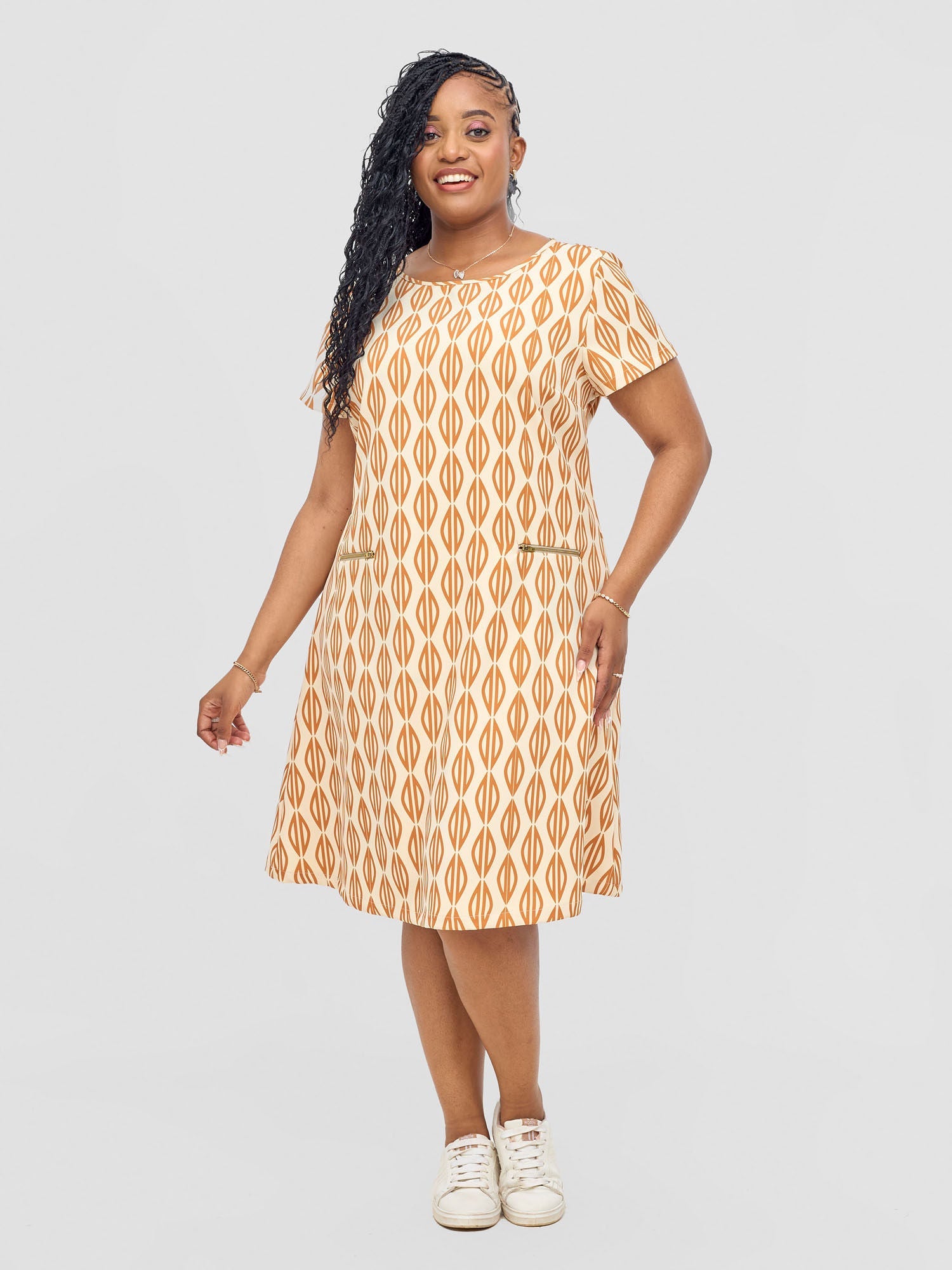 Vivo Mandla Side Zipper Dress - Beige / Rust Anila Print