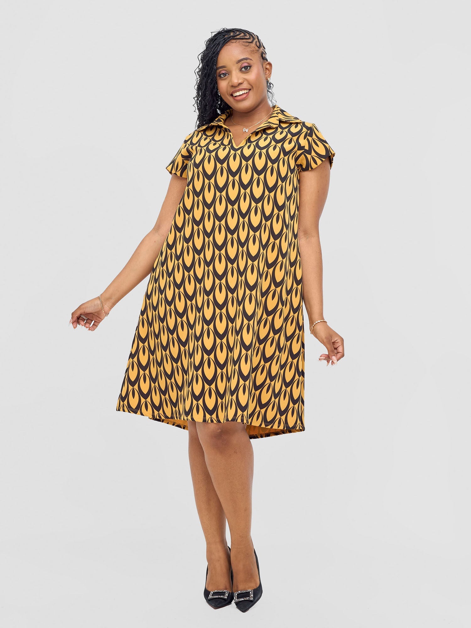 Vivo Mandla Tent Dress - Mustard / Black Manla Print