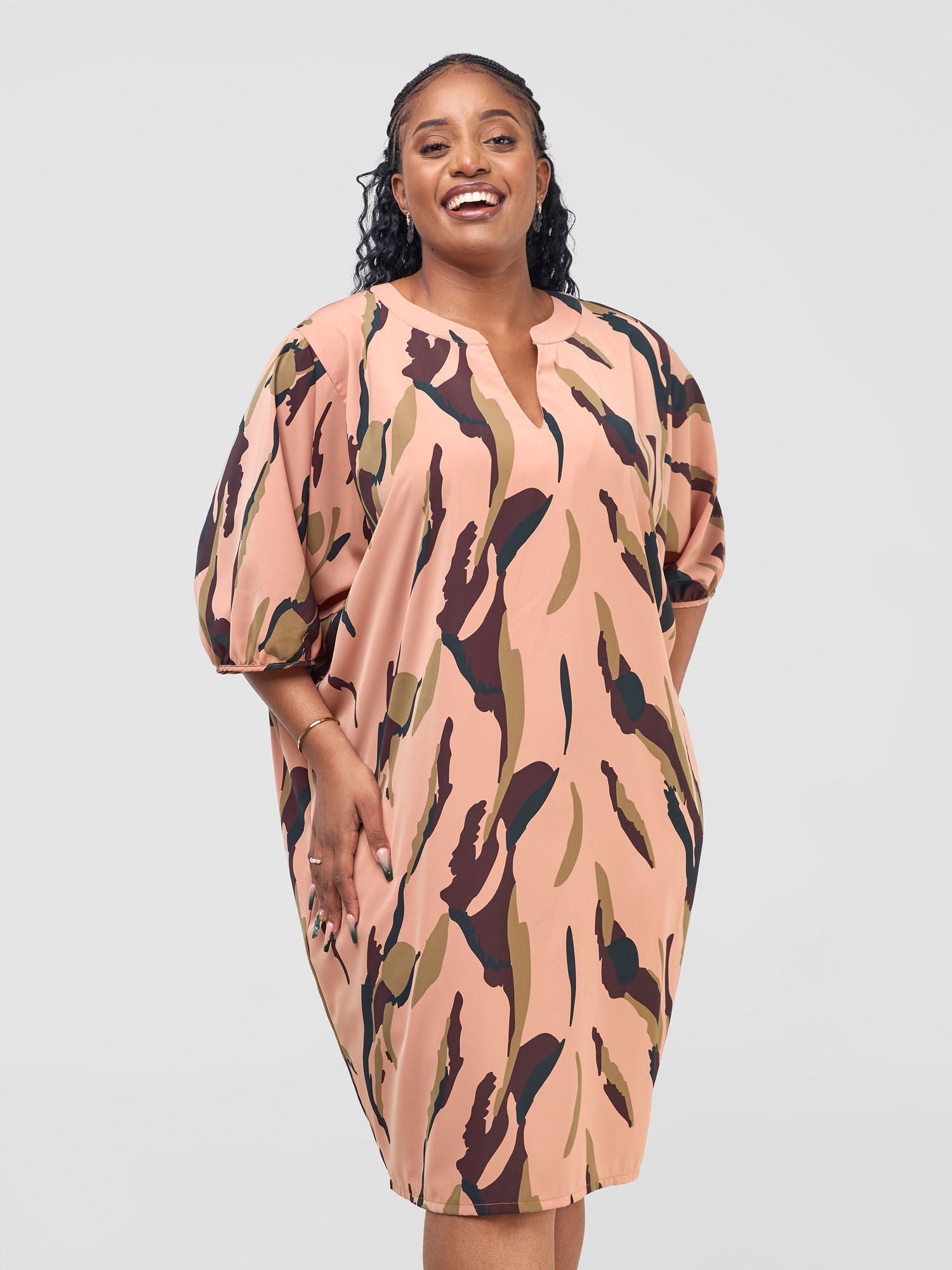 Vivo Reba Dolman Dress  - Tan / Brown Reba Print