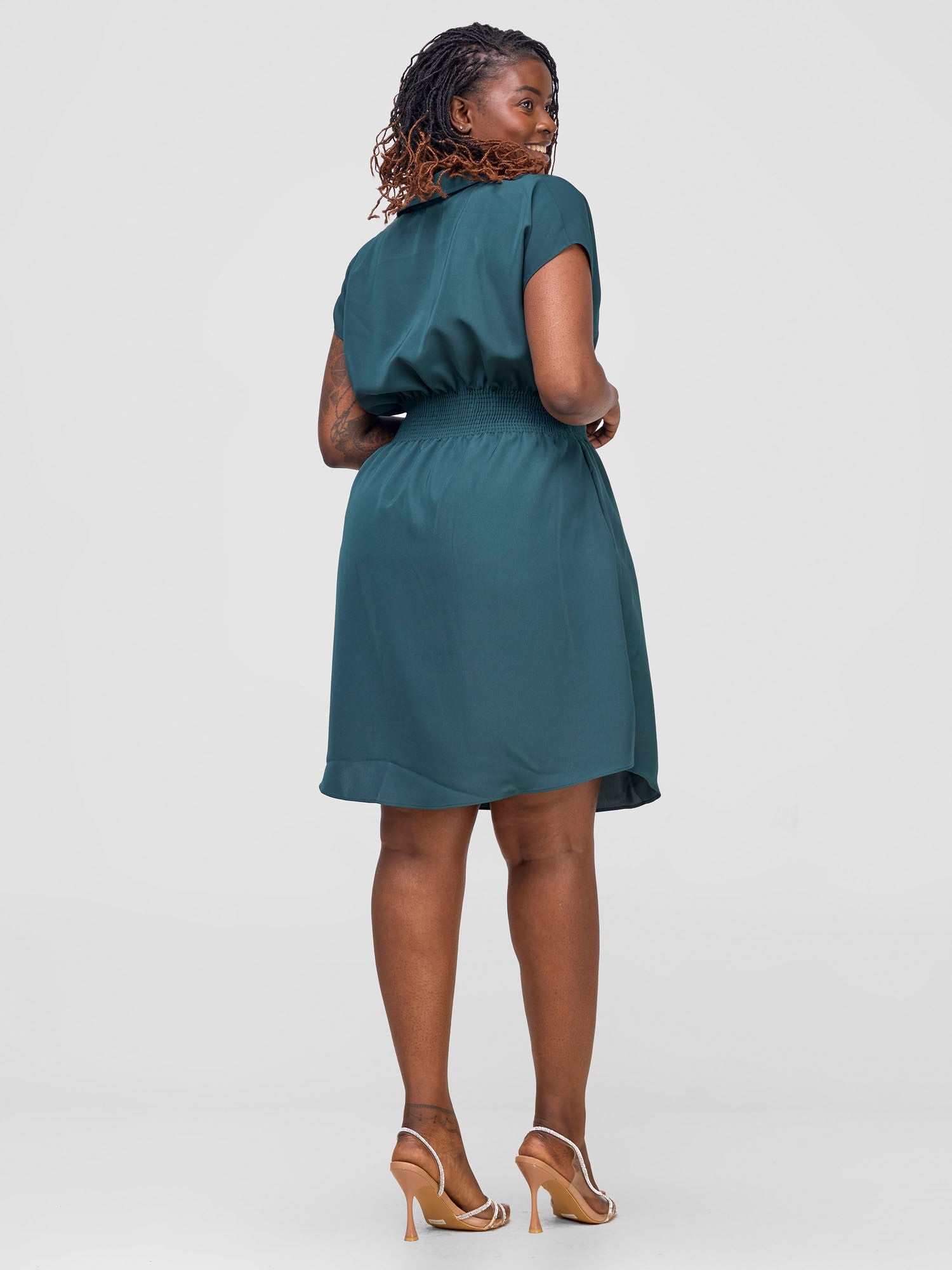 Vivo Zena Shirred Waist Shirt Dress - Dark Sage