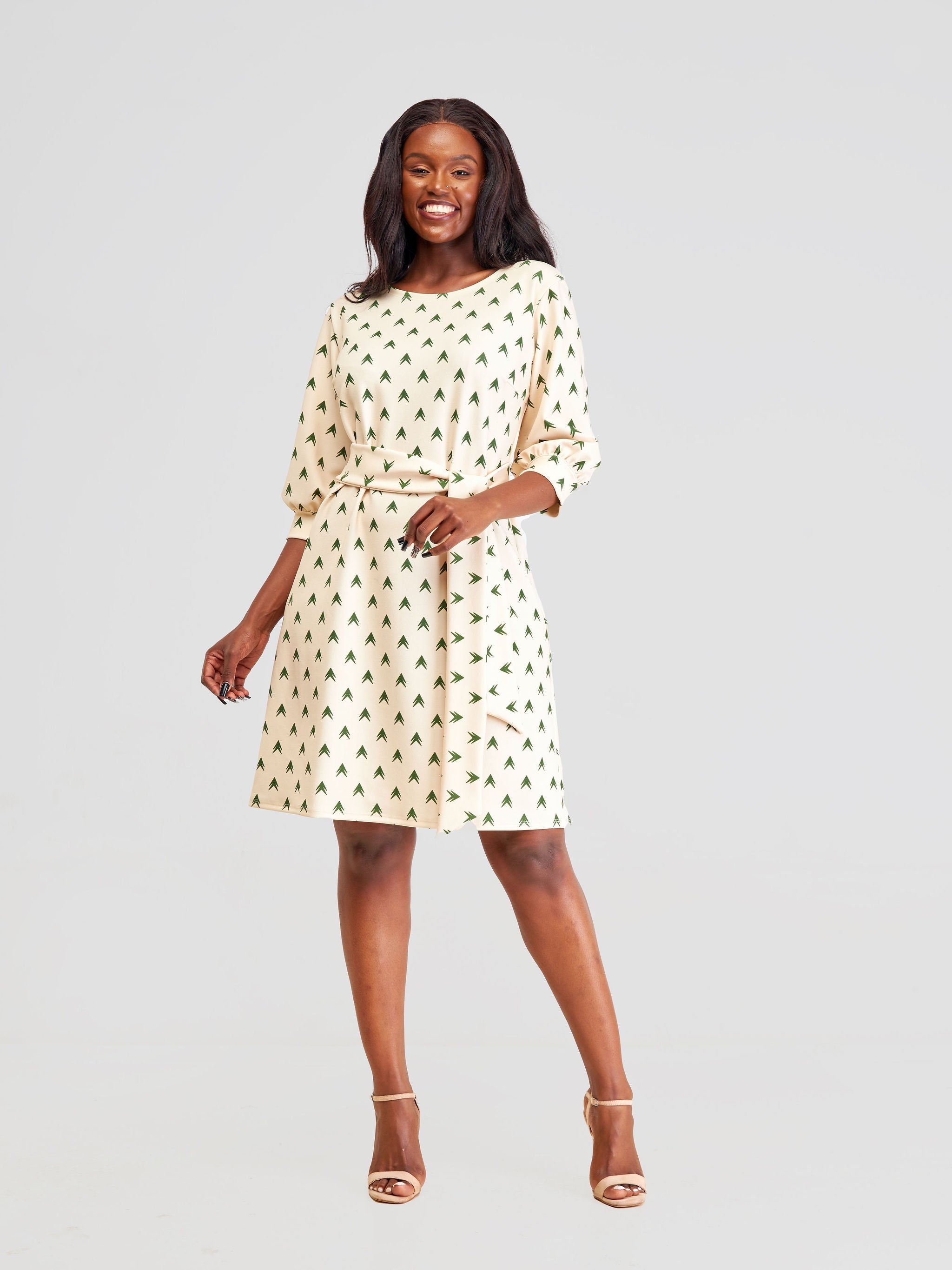 Vivo Imara 3/4 Sleeve A-Line Dress - Taupe / Hunters Lana Print