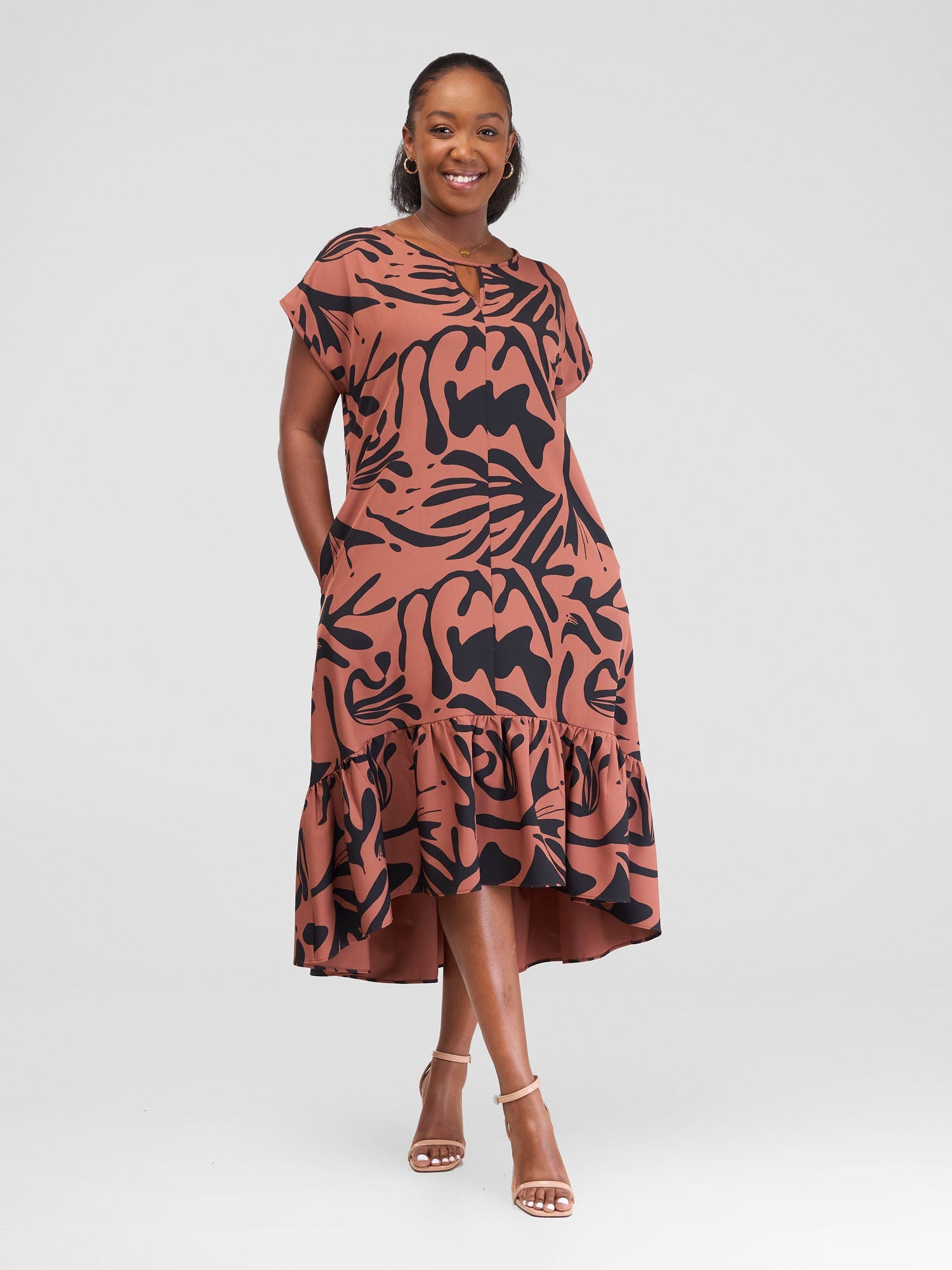 Vivo Zahari Drop Shoulder High Low Dress - Rust / Black Zari Print