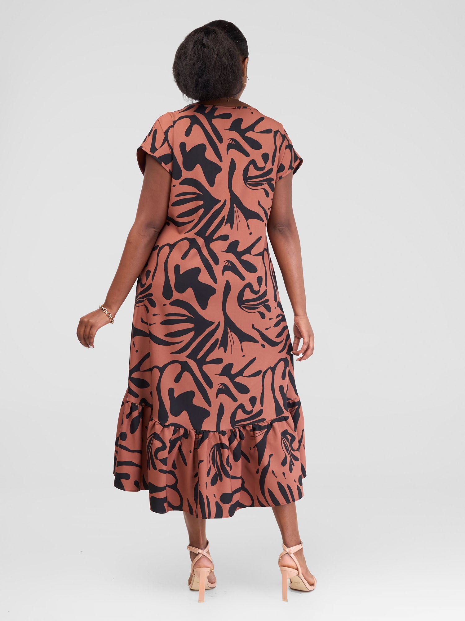 Vivo Zahari Drop Shoulder High Low Dress - Rust / Black Zari Print