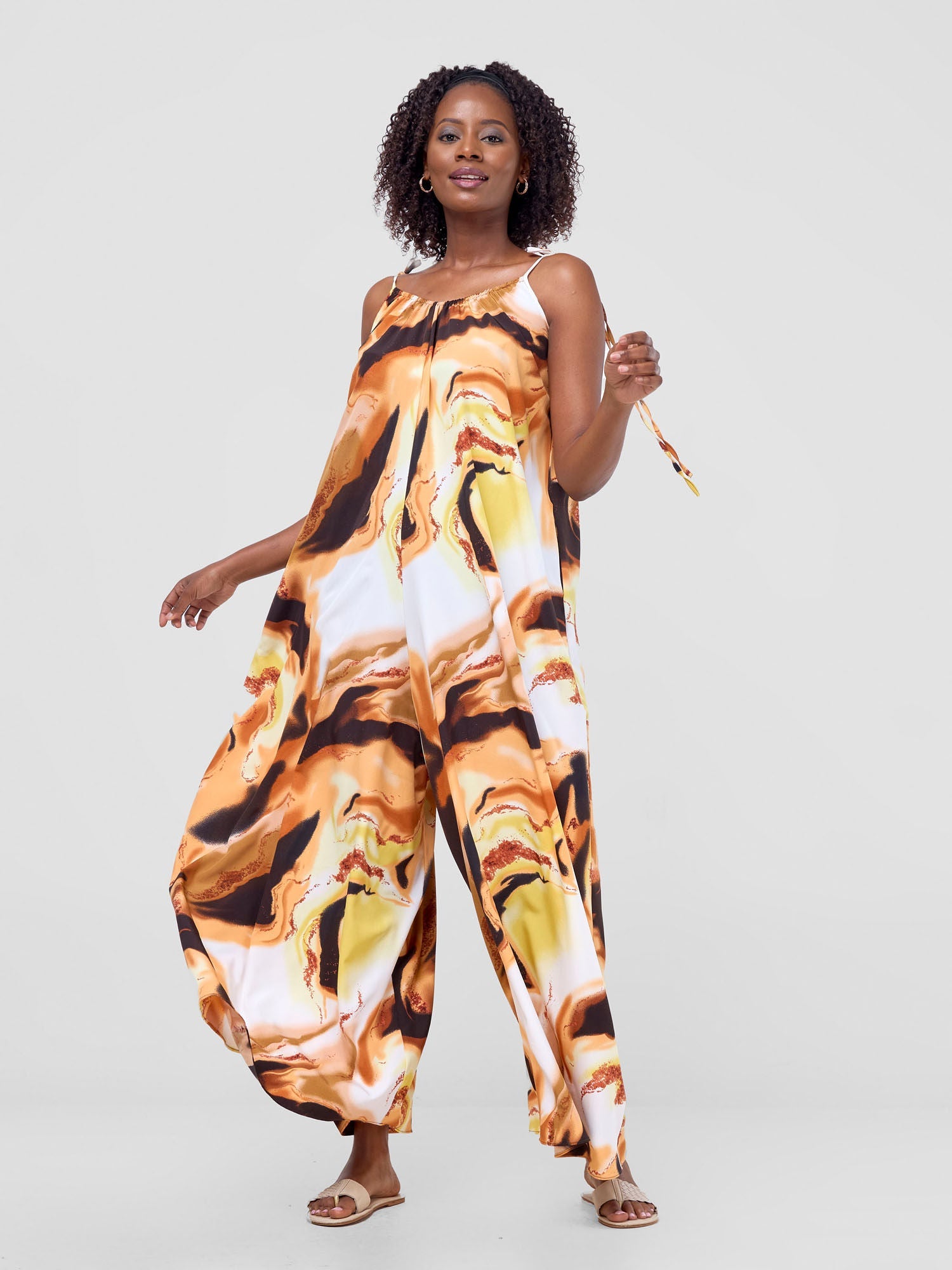 Vivo Maisha Strappy Jumpsuit Cover Up - Brown / Cream Print