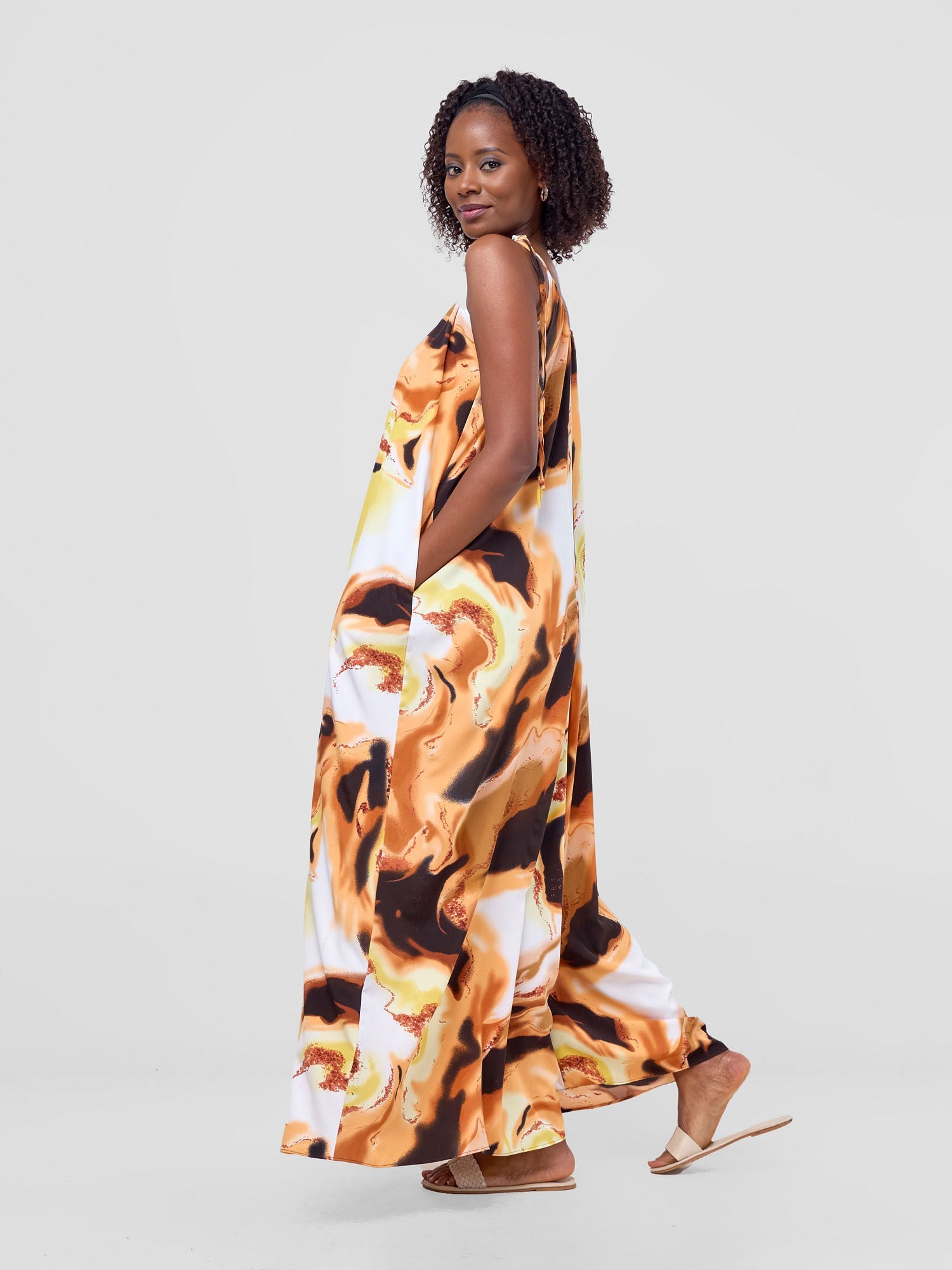 Vivo Maisha Strappy Jumpsuit Cover Up - Brown / Cream Print