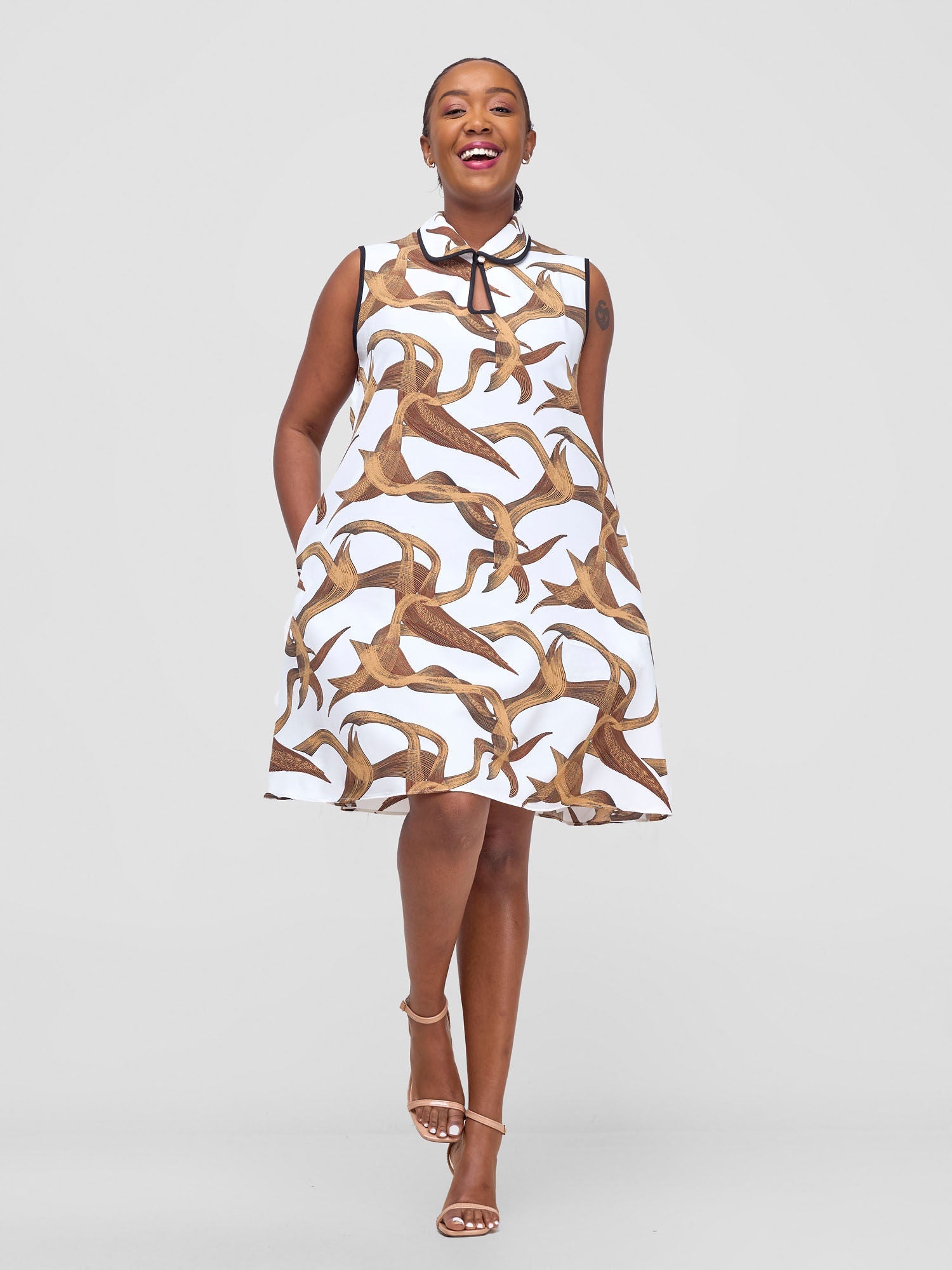 Vivo Shaa Sleeveless Knee Length Dress - White / Brown Print