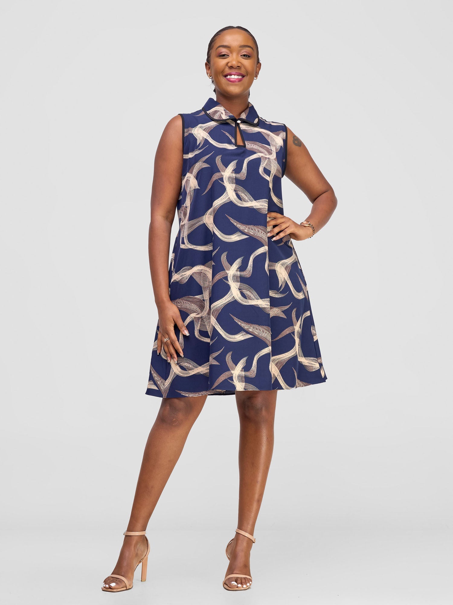 Vivo Shaa Sleeveless Knee Length Dress - Navy / Beige Print