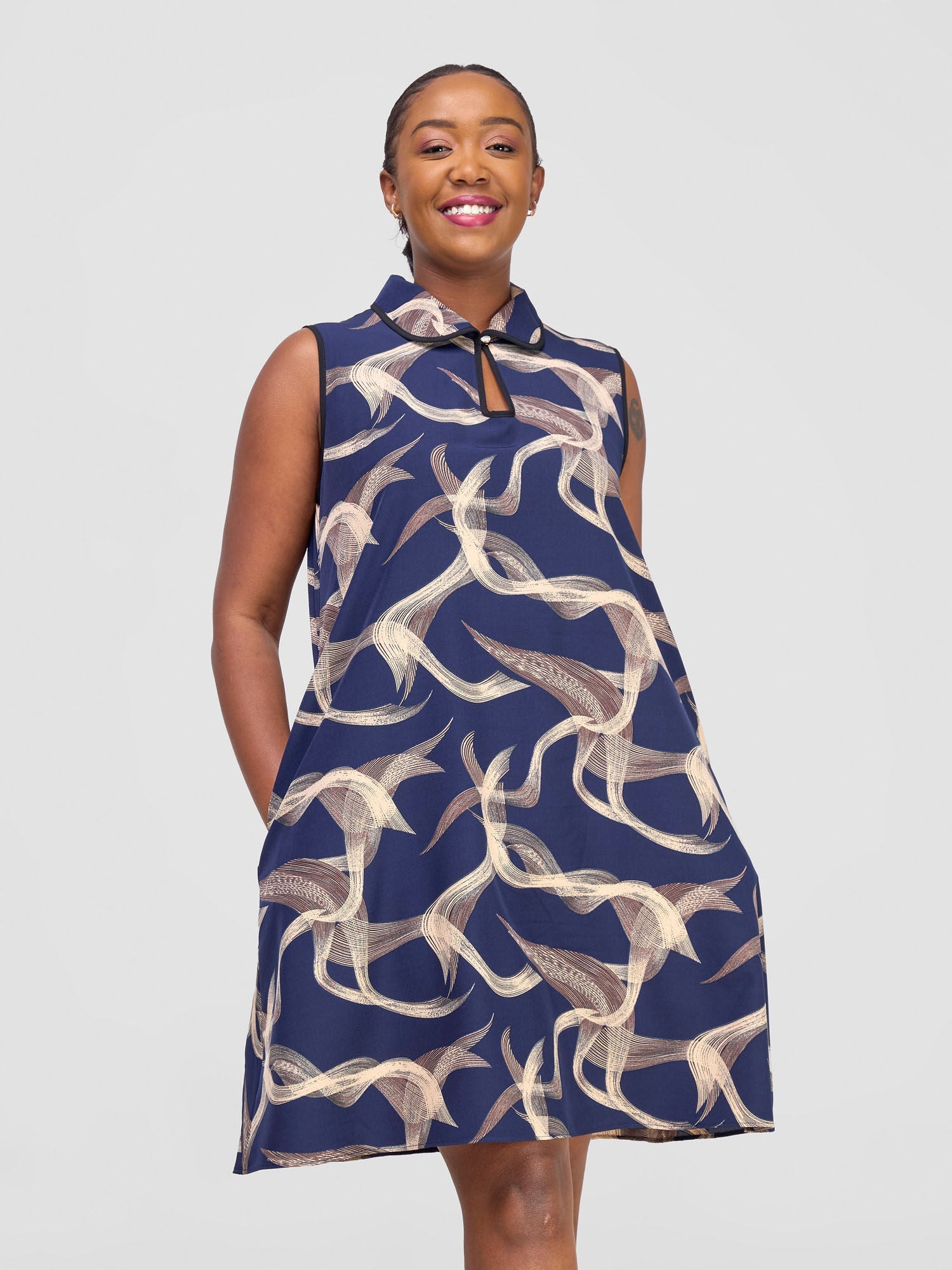 Vivo Shaa Sleeveless Knee Length Dress - Navy / Beige Print