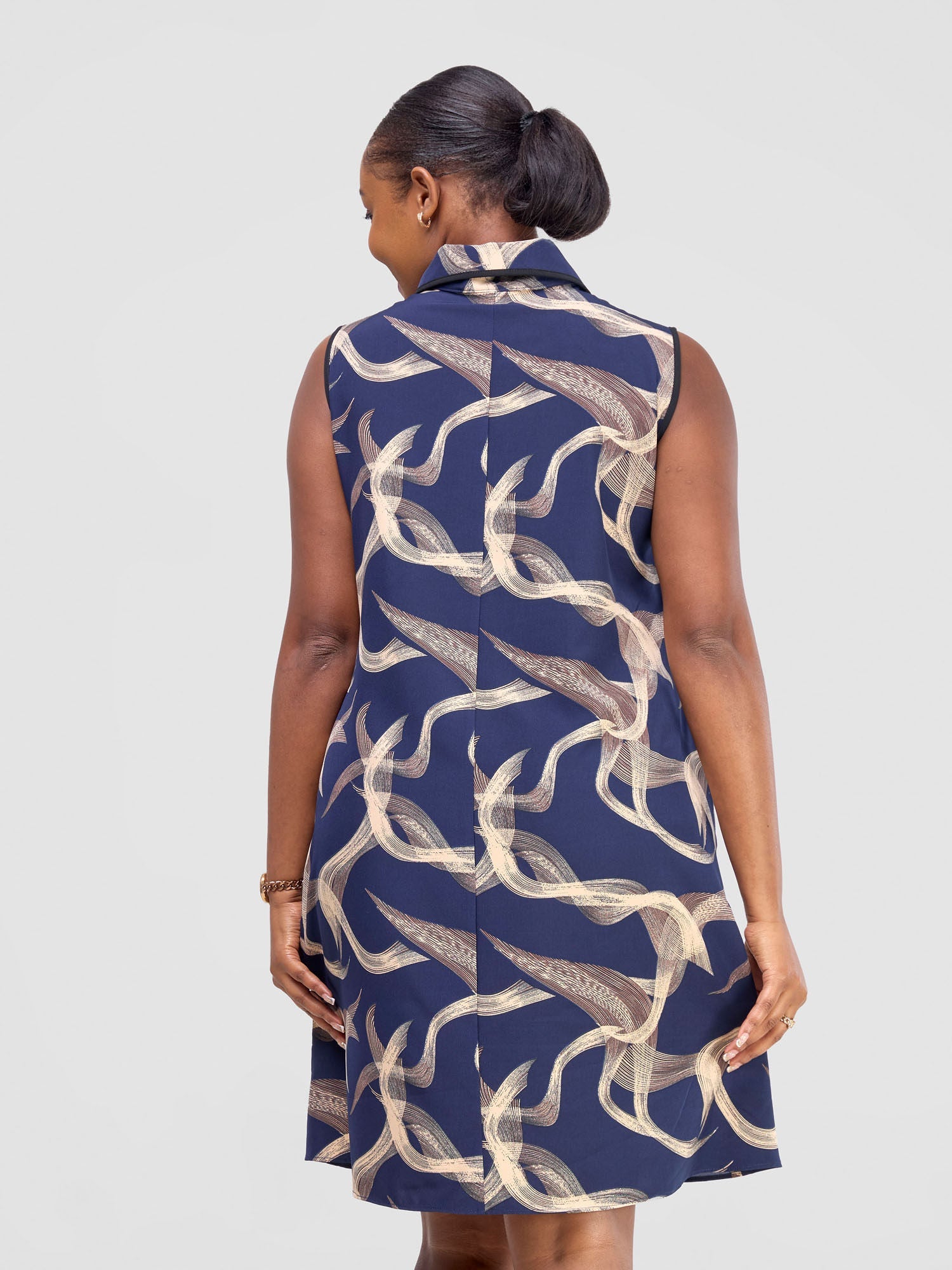 Vivo Shaa Sleeveless Knee Length Dress - Navy / Beige Print