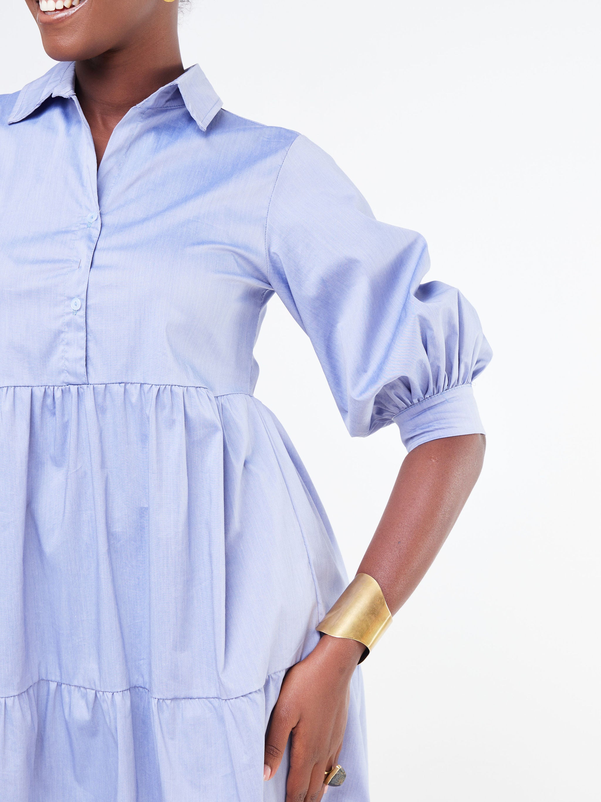 Safari Tawi Shirt Collar Bishop Sleeve Tiered Dress - Light Blue