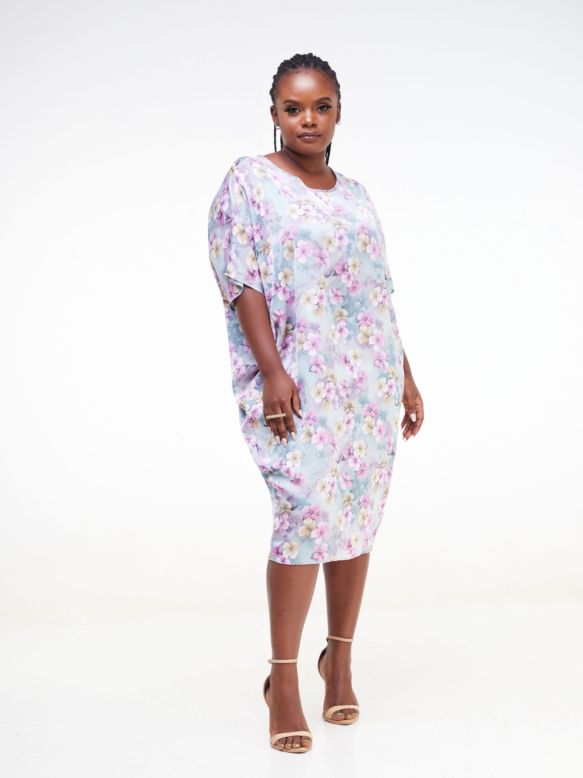 Vivo Thando Dolman Knee Length Dress - Purple / Green Floral Print