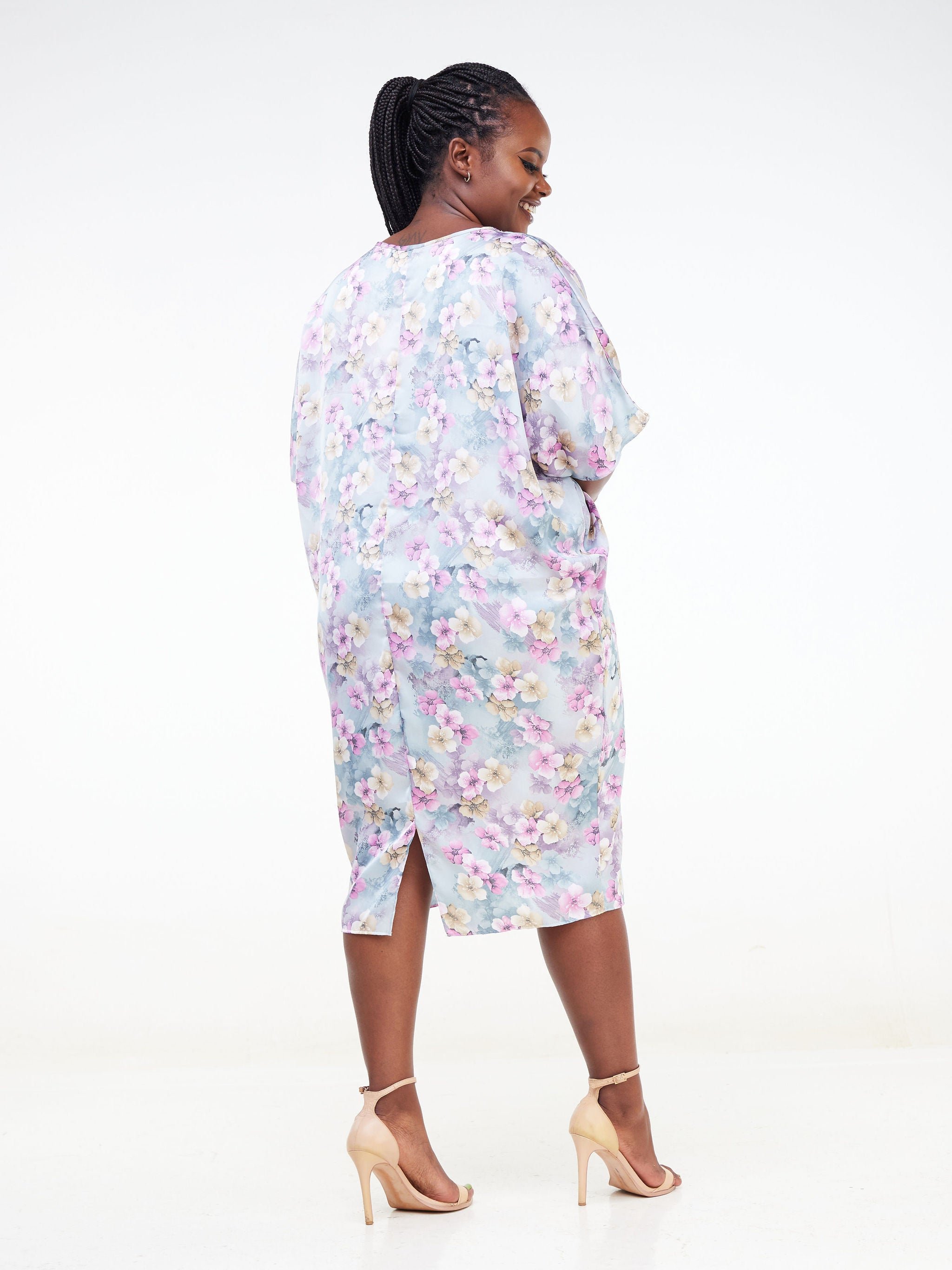 Vivo Thando Dolman Knee Length Dress - Purple / Green Floral Print