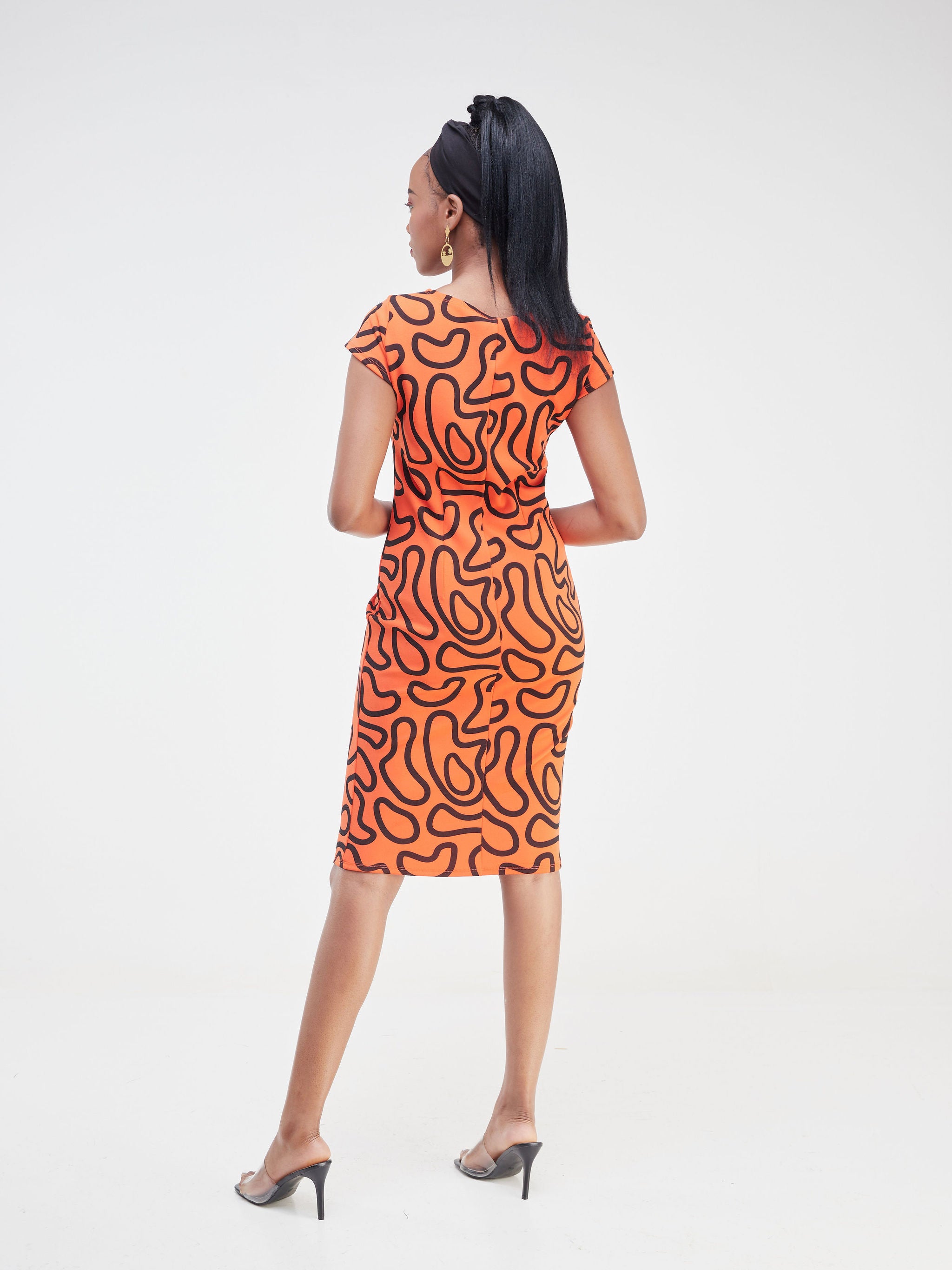 Vivo Imara Cap Sleeve Sheath Dress - Orange / Black Spiral Abstract Print