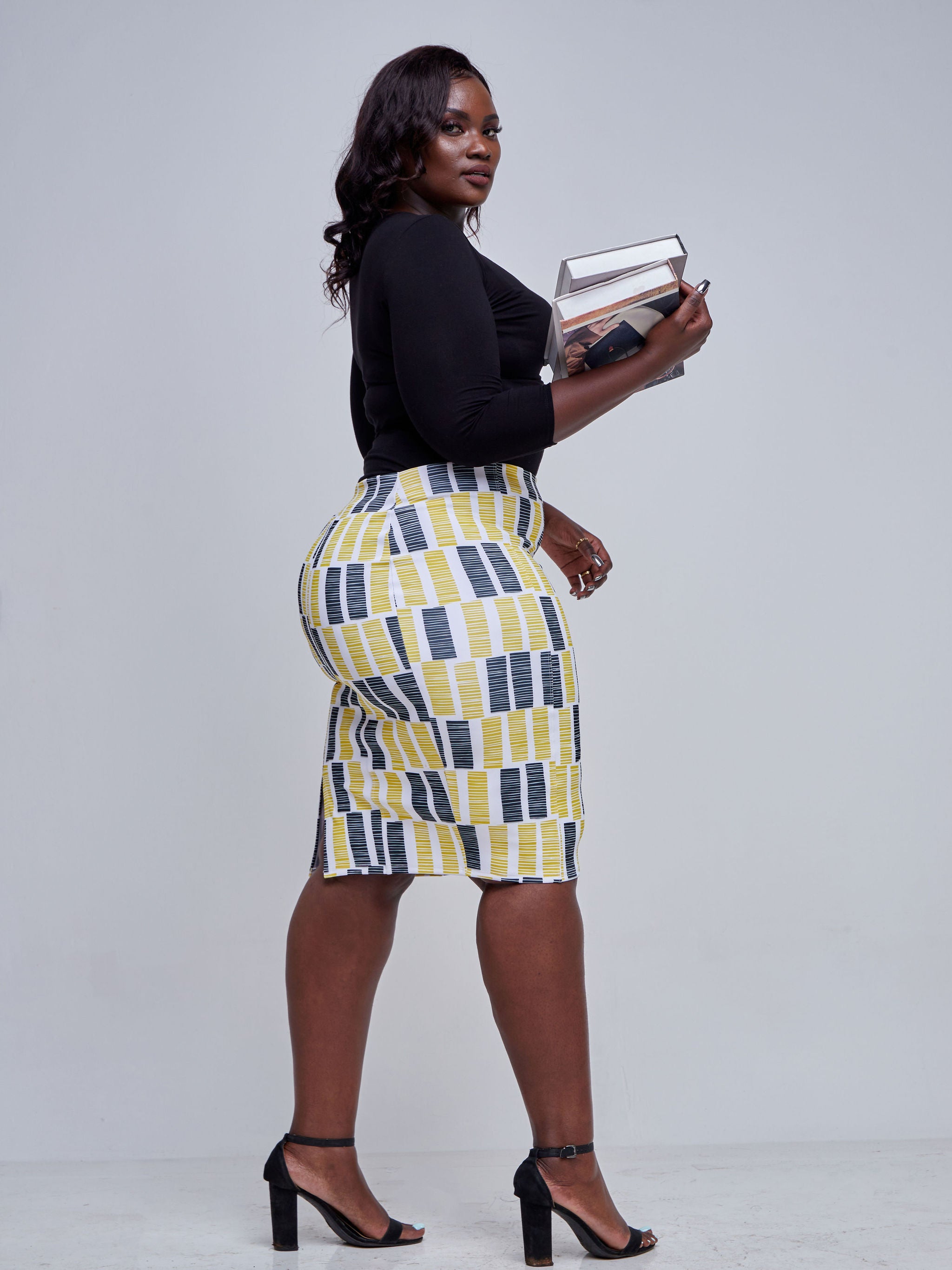 Vivo Tatili Panelled Pencil Skirt - Mustard / Black  Abstract Print