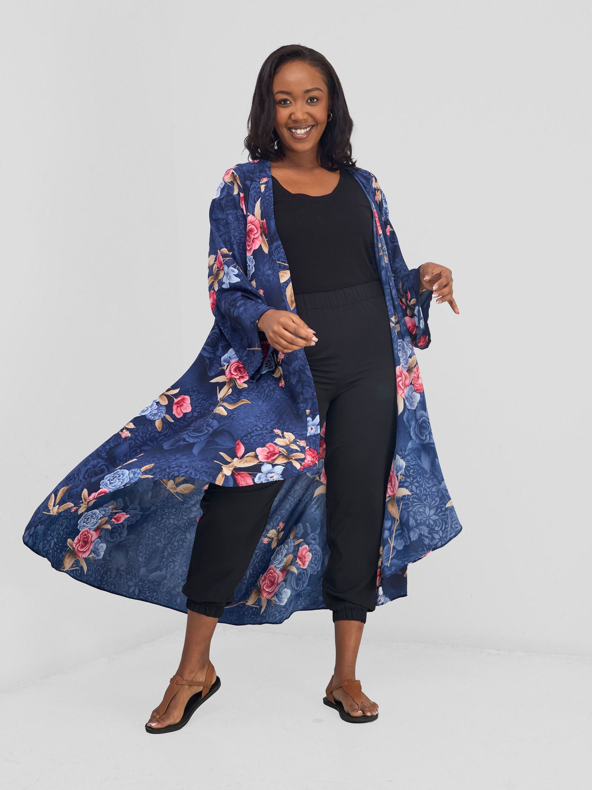 Vivo Maisha Long Sleeve High Low Kimono - Navy Nyua Print