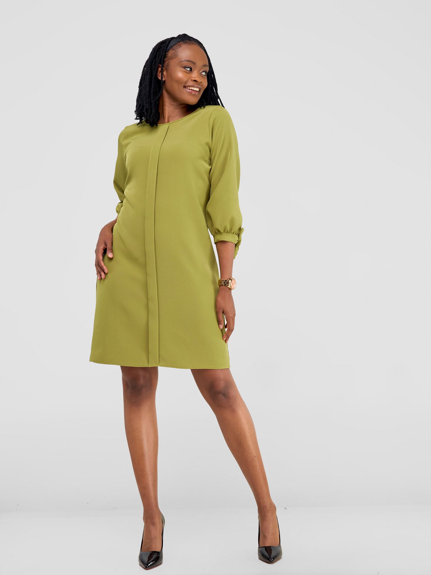 Vivo Paji 3/4 Sleeve Shift Dress (Regular) - Olive