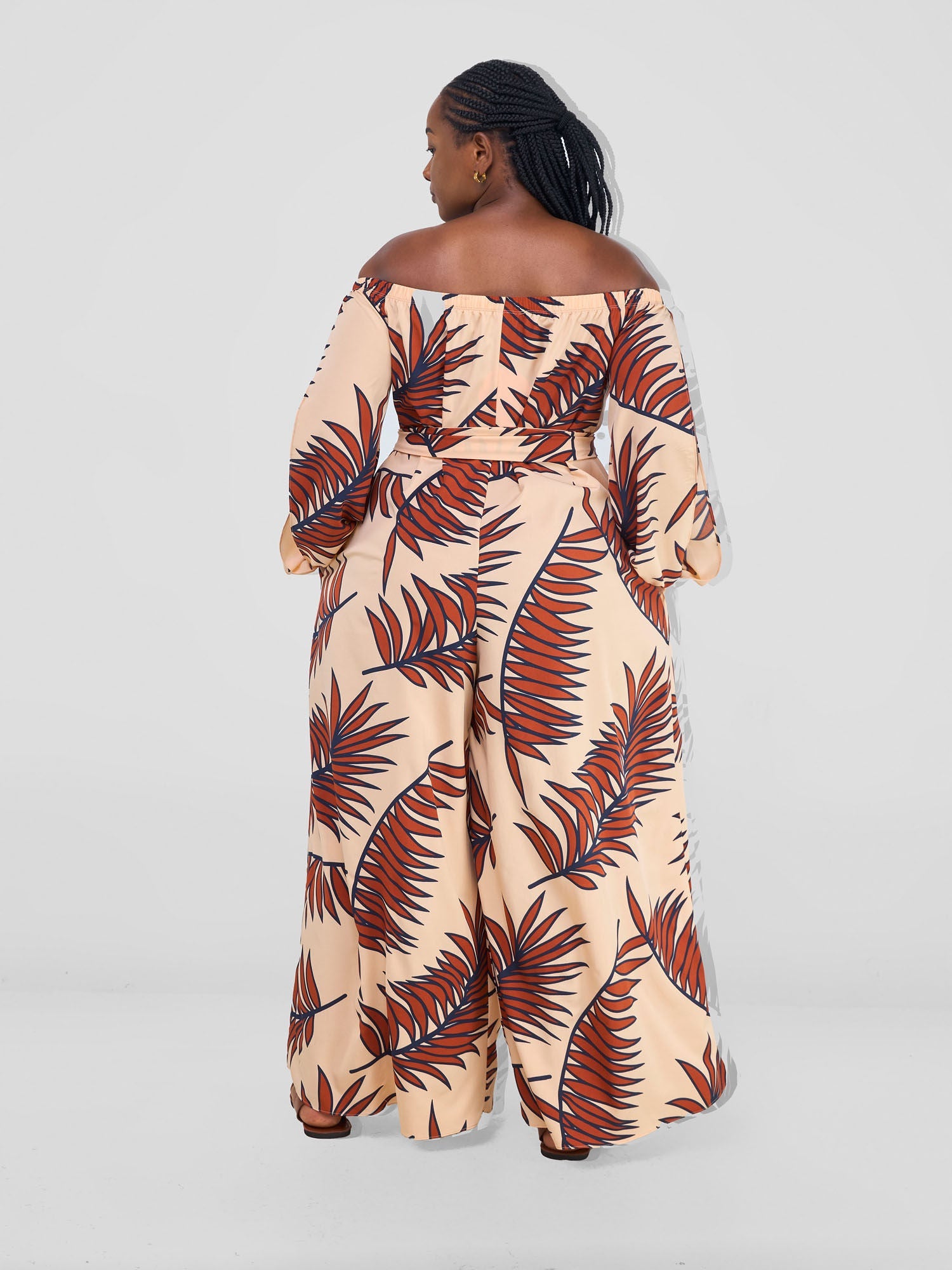 Vivo Yumi Off Shoulder Jumpsuit - Taupe / Brown Palm Leaves