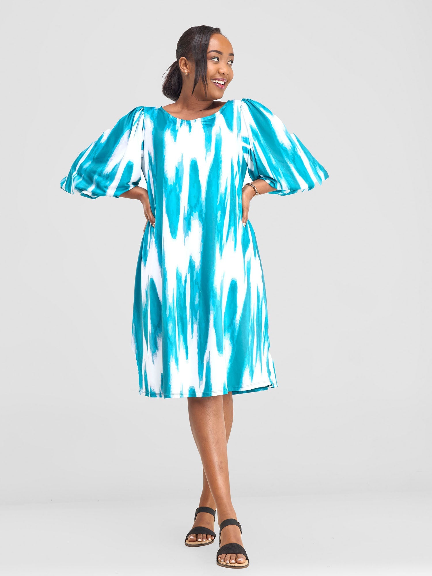 Vivo Nkasi Bubble Sleeve Knee Length Dress - White / Teal Shibori Print