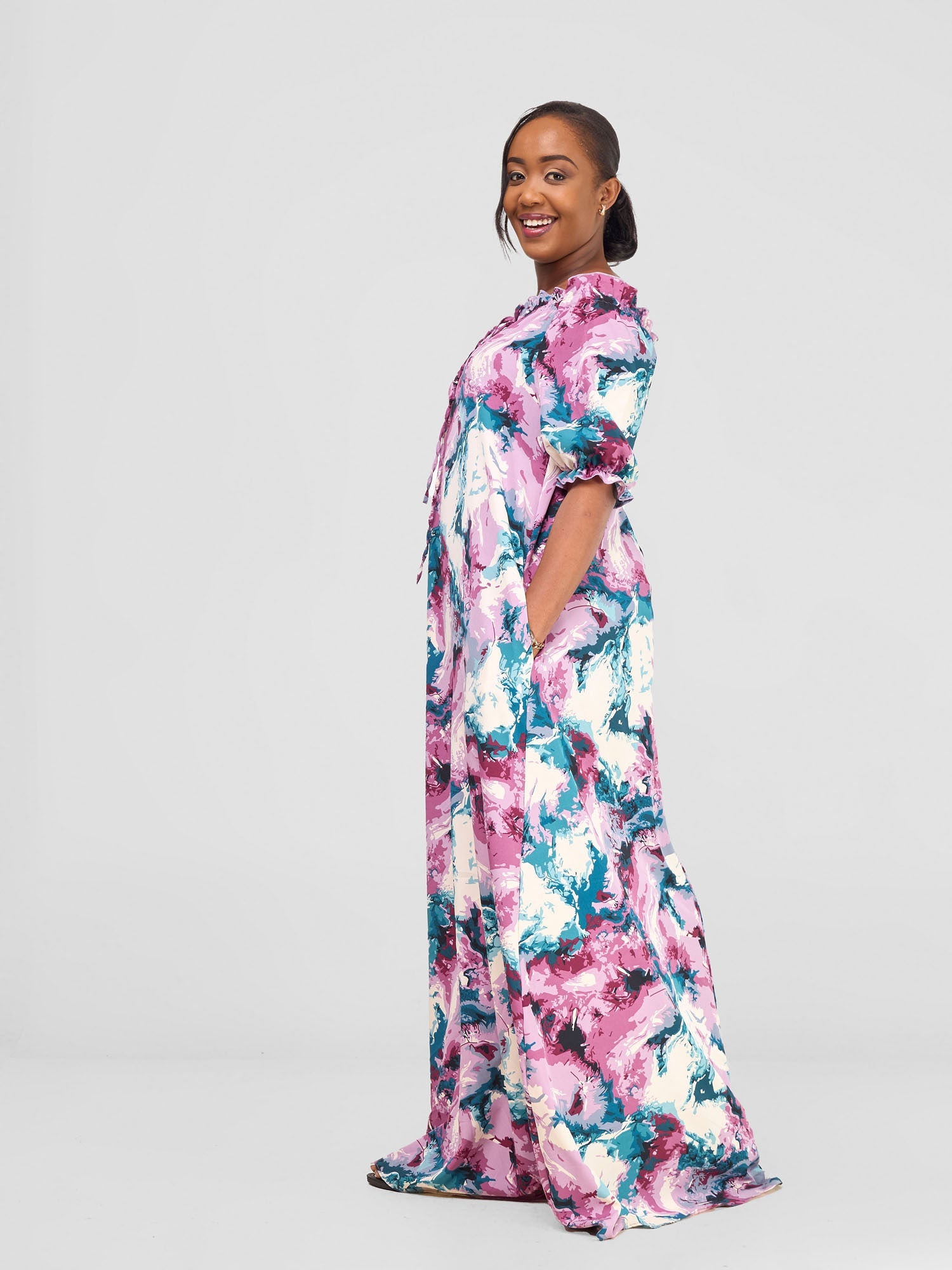 Vivo Situ Off-shoulder Tie Maxi Dress - Teal / Pink Print