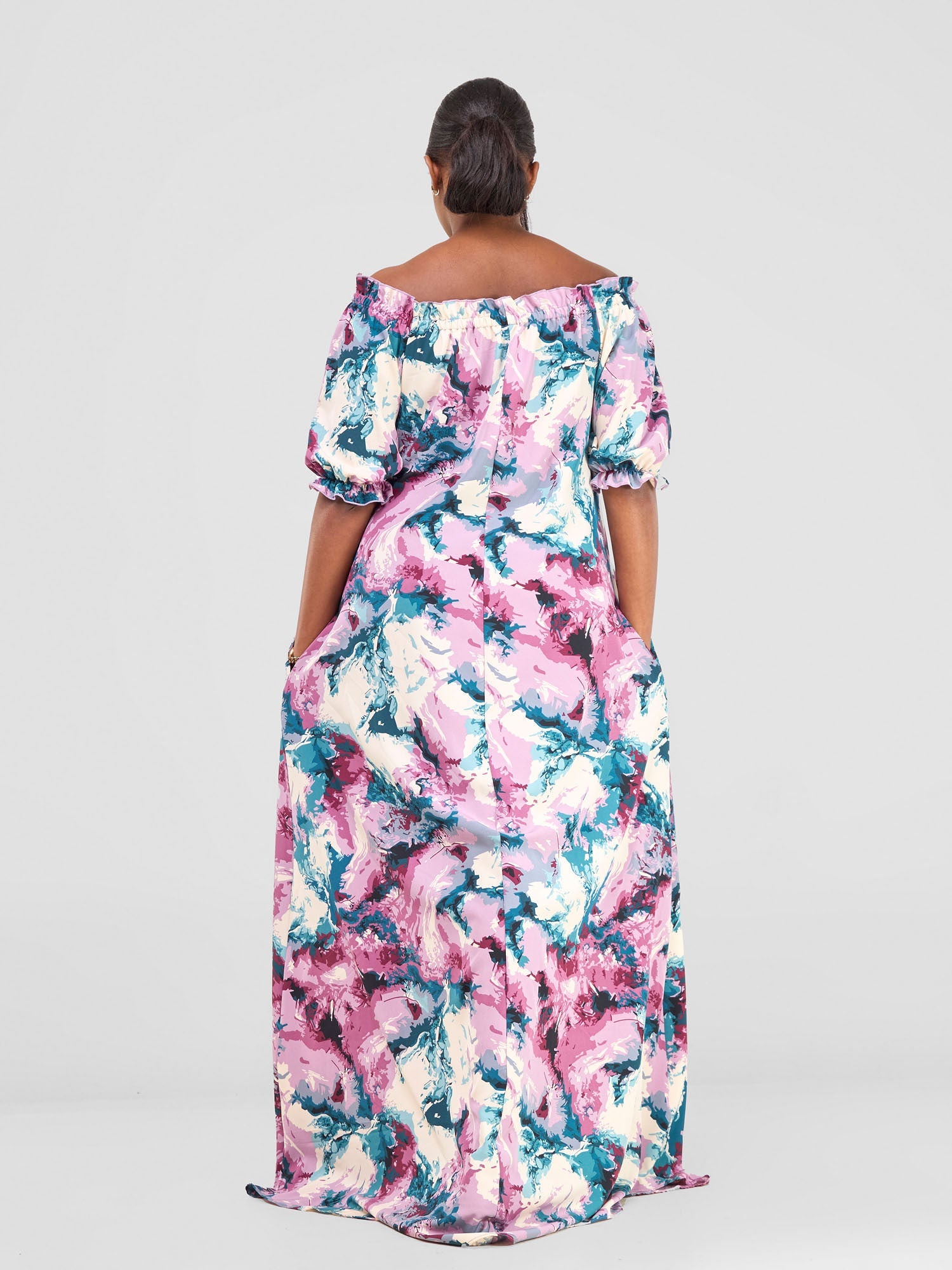 Vivo Situ Off-shoulder Tie Maxi Dress - Teal / Pink Print