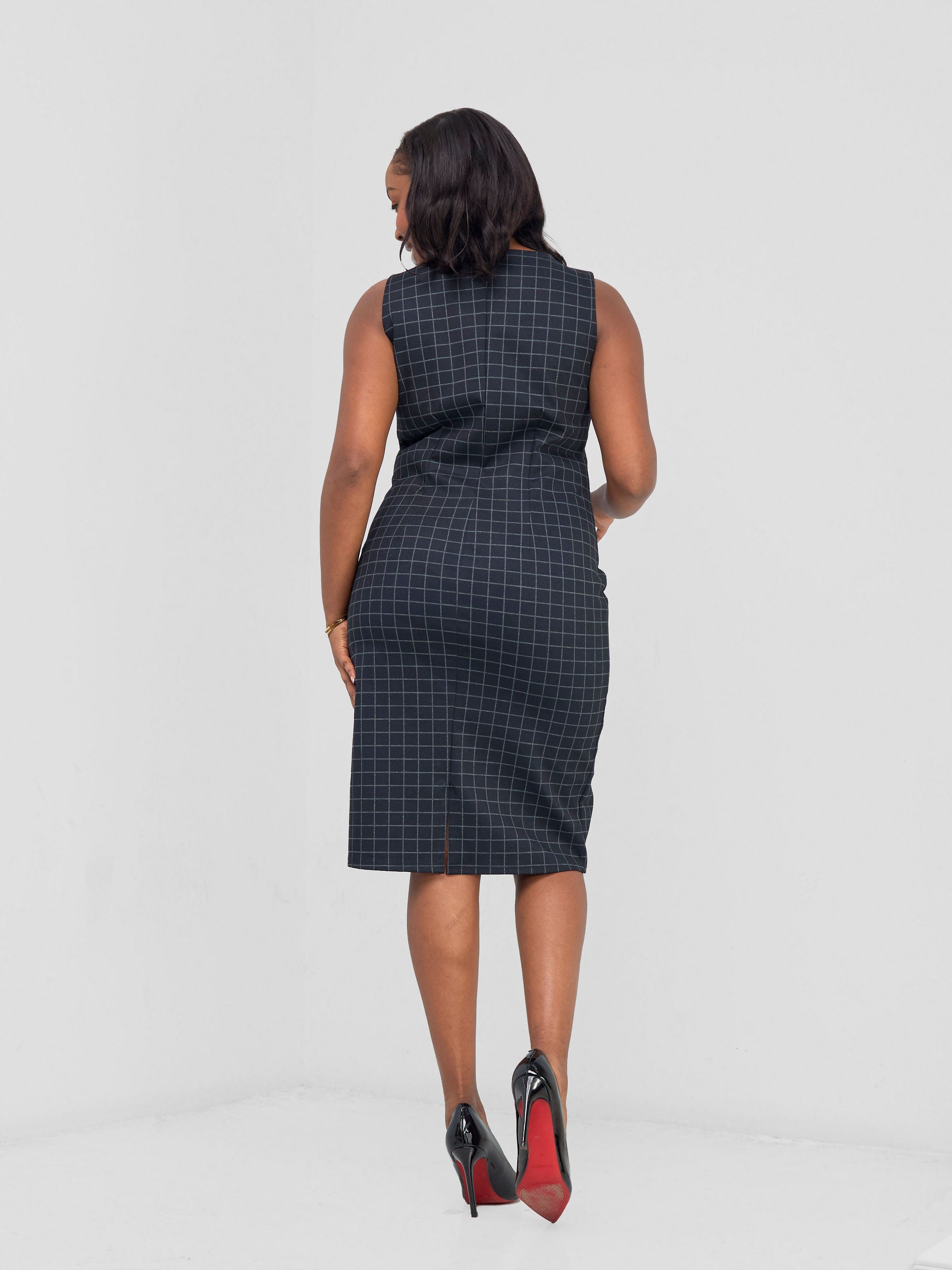 Vivo Paji Boat Neck Sheath Dress - Navy Checkered Print