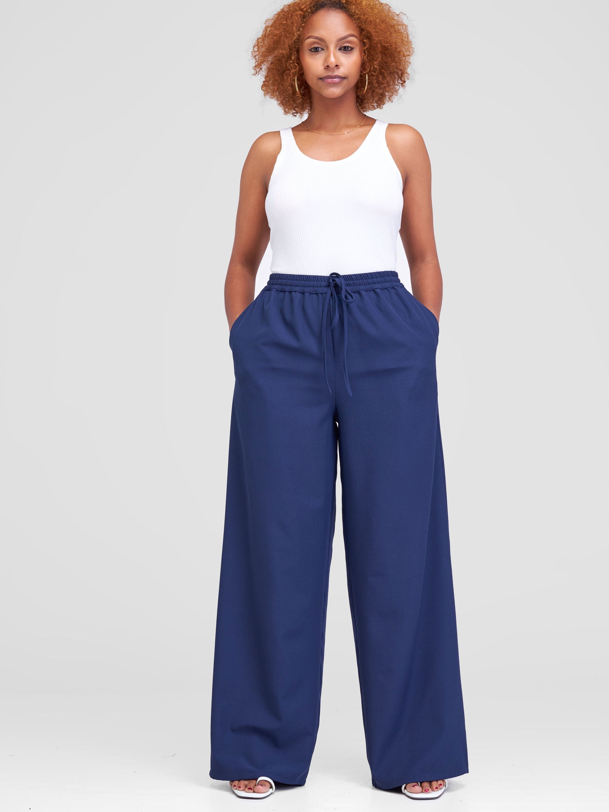 Vivo Zahari Drawstring Wide Leg Pants - Navy Blue