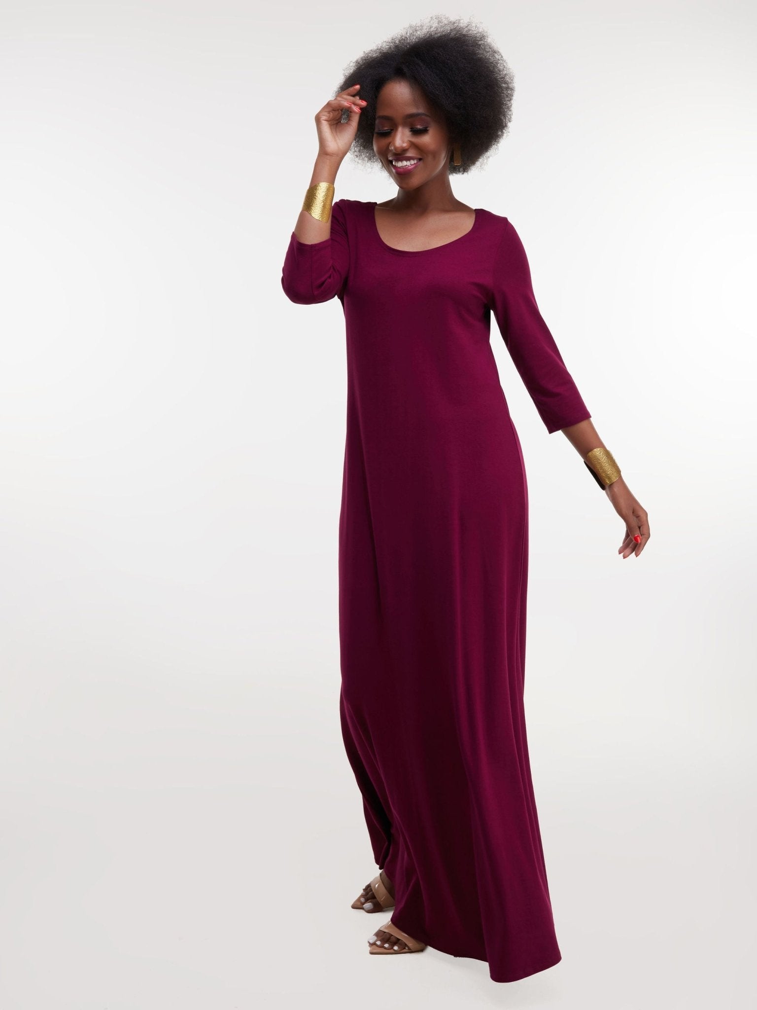 Vivo Basic 3/4 Sleeve A-Line Maxi Dress - Burgundy