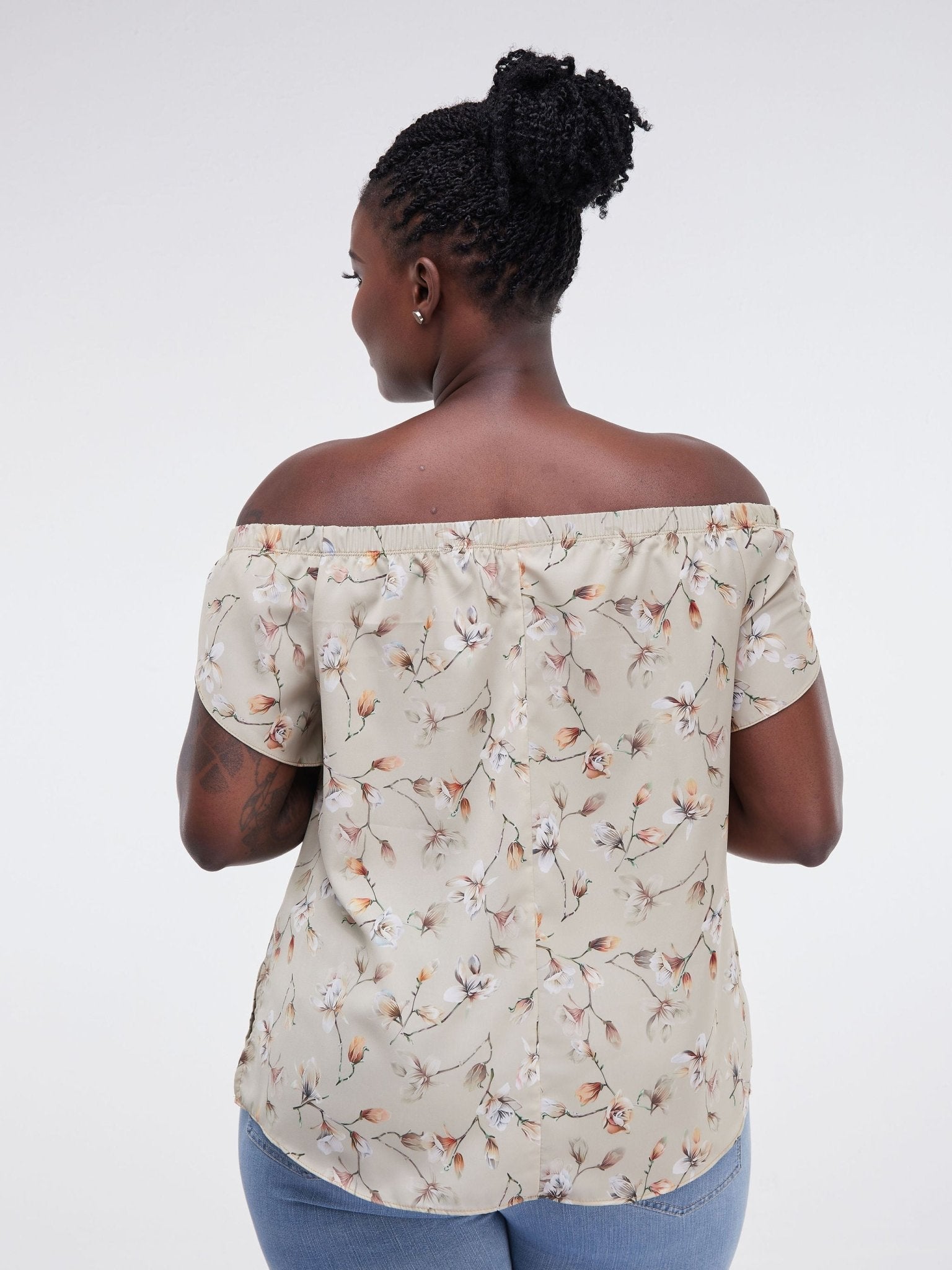 Vivo Lalea Tulip Sleeve Off Shoulder Top - Taupe Floral Print