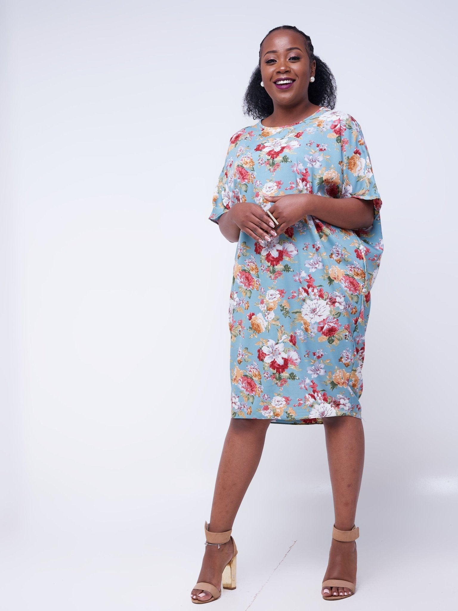 Vivo Thando Dolman Knee Length Dress - Blue Floral Print