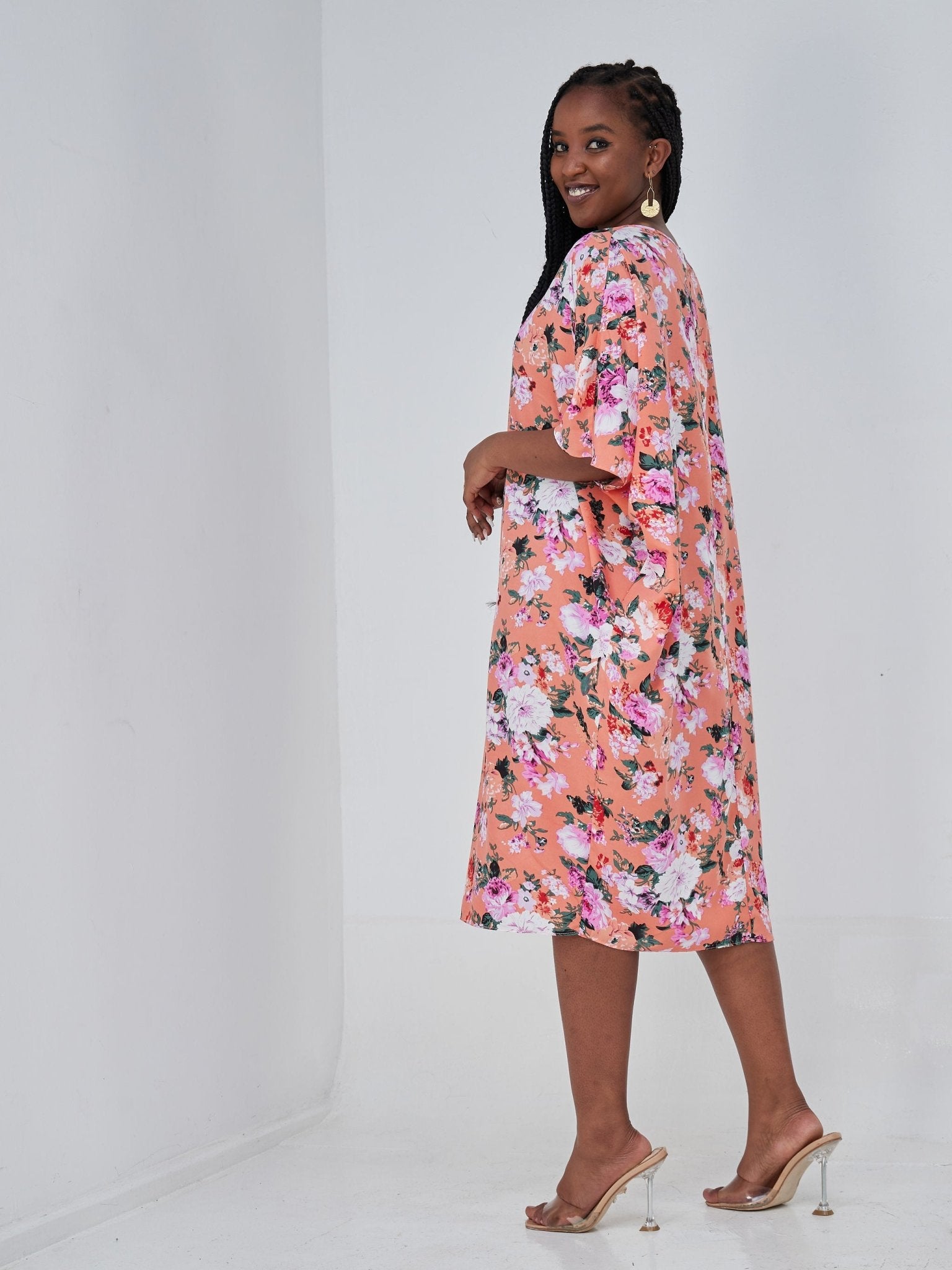 Vivo Thando Dolman Knee Length Dress - Pink Floral Print