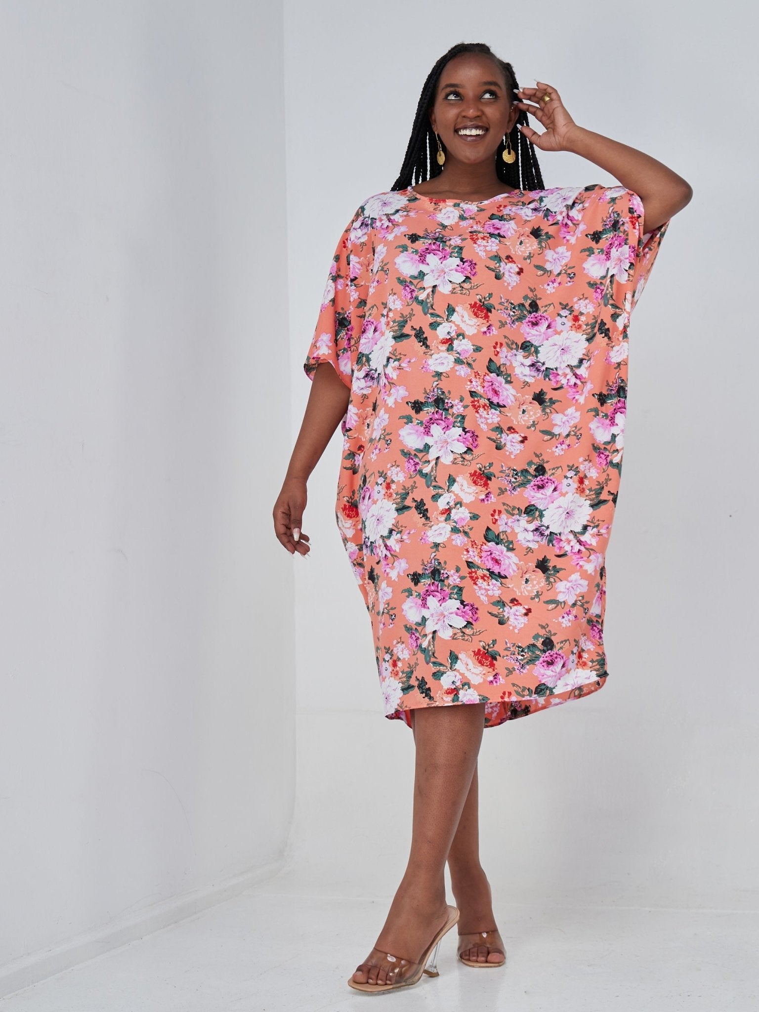 Vivo Thando Dolman Knee Length Dress - Pink Floral Print