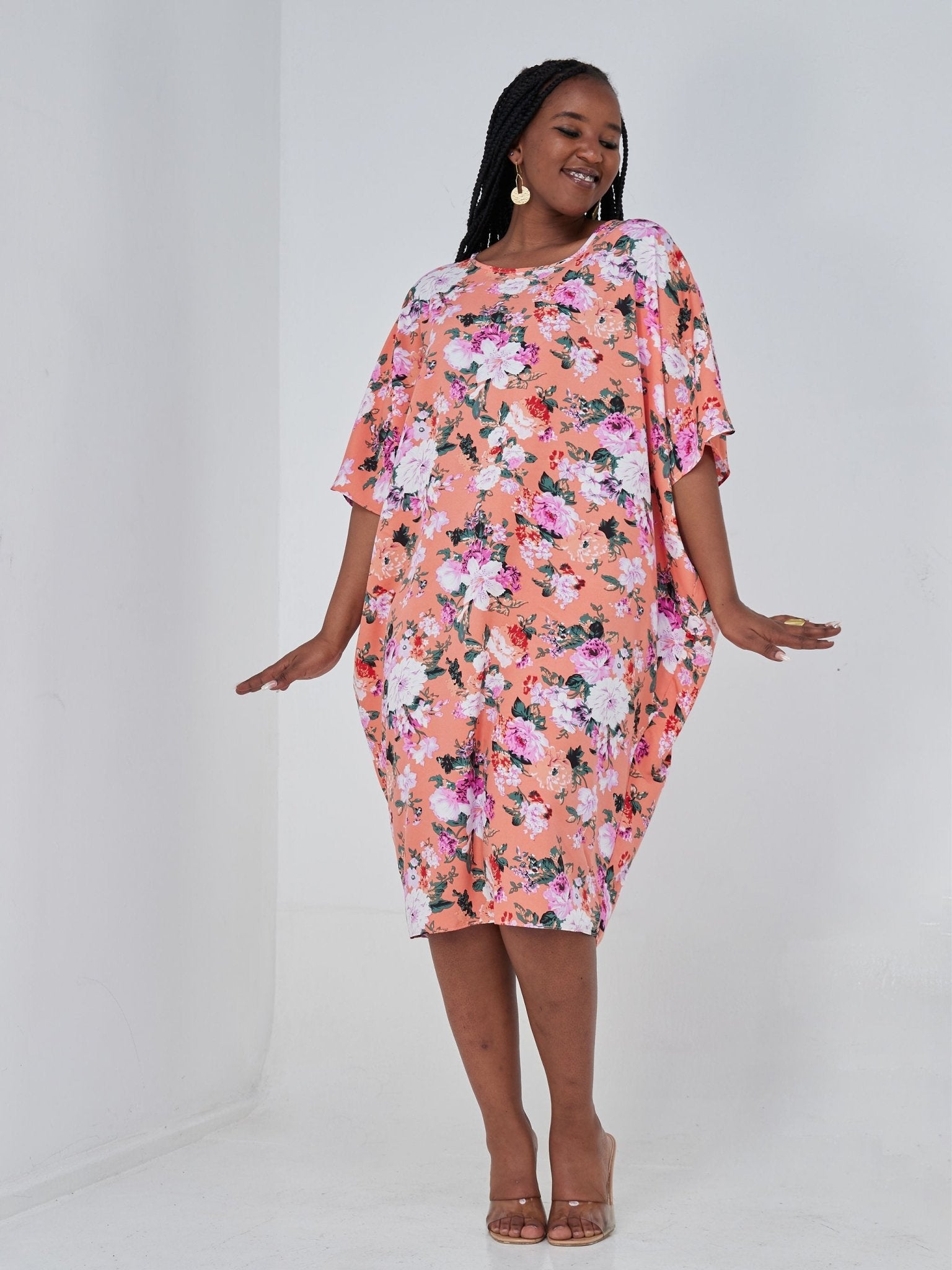 Vivo Thando Dolman Knee Length Dress - Pink Floral Print