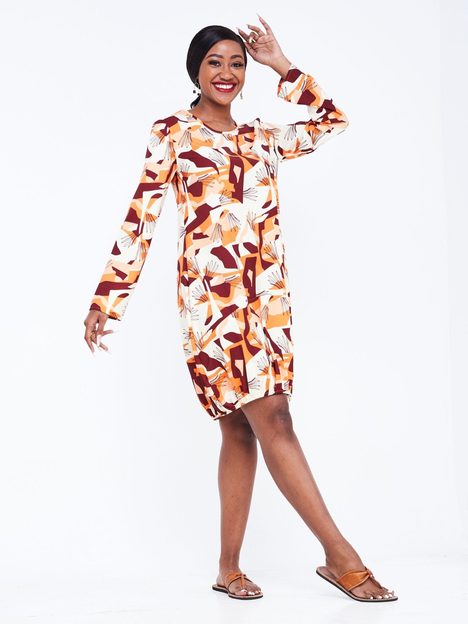 Vivo Wingu Long Sleeve Balloon Knee Length  Dress - Orange Abstract Print