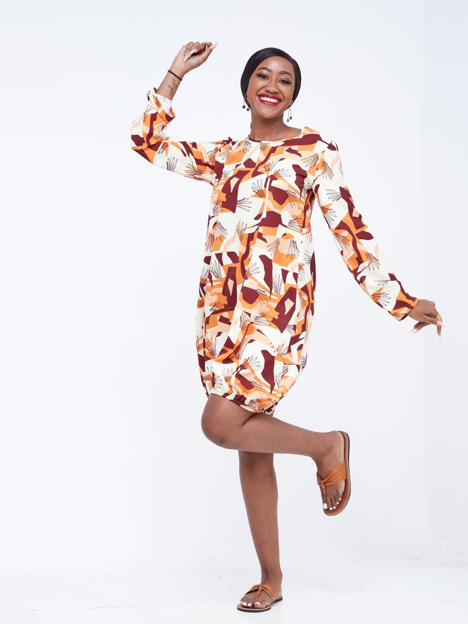 Vivo Wingu Long Sleeve Balloon Knee Length  Dress - Orange Abstract Print