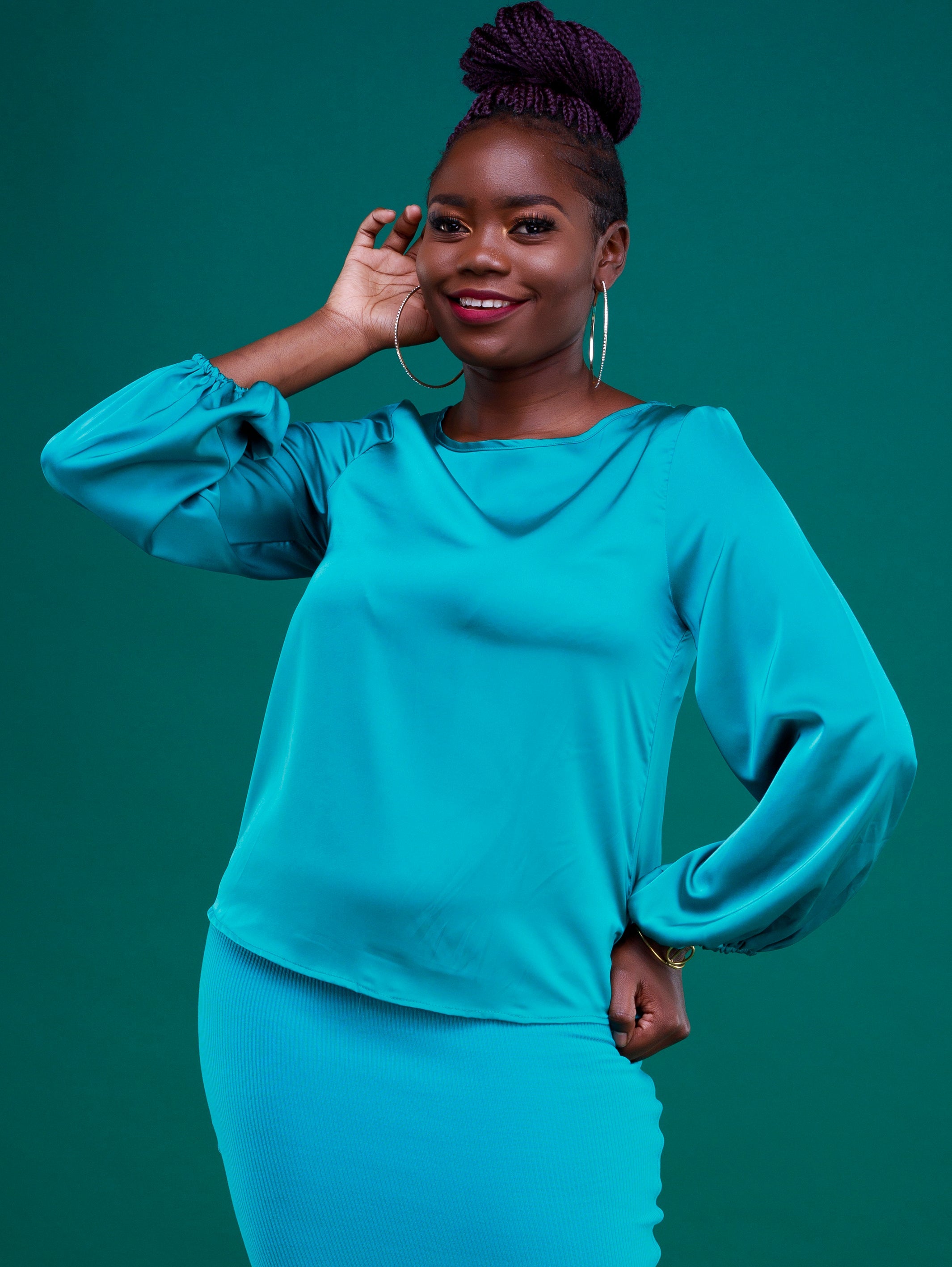 Vivo Basic Satin Bishop Sleeved Top - Green