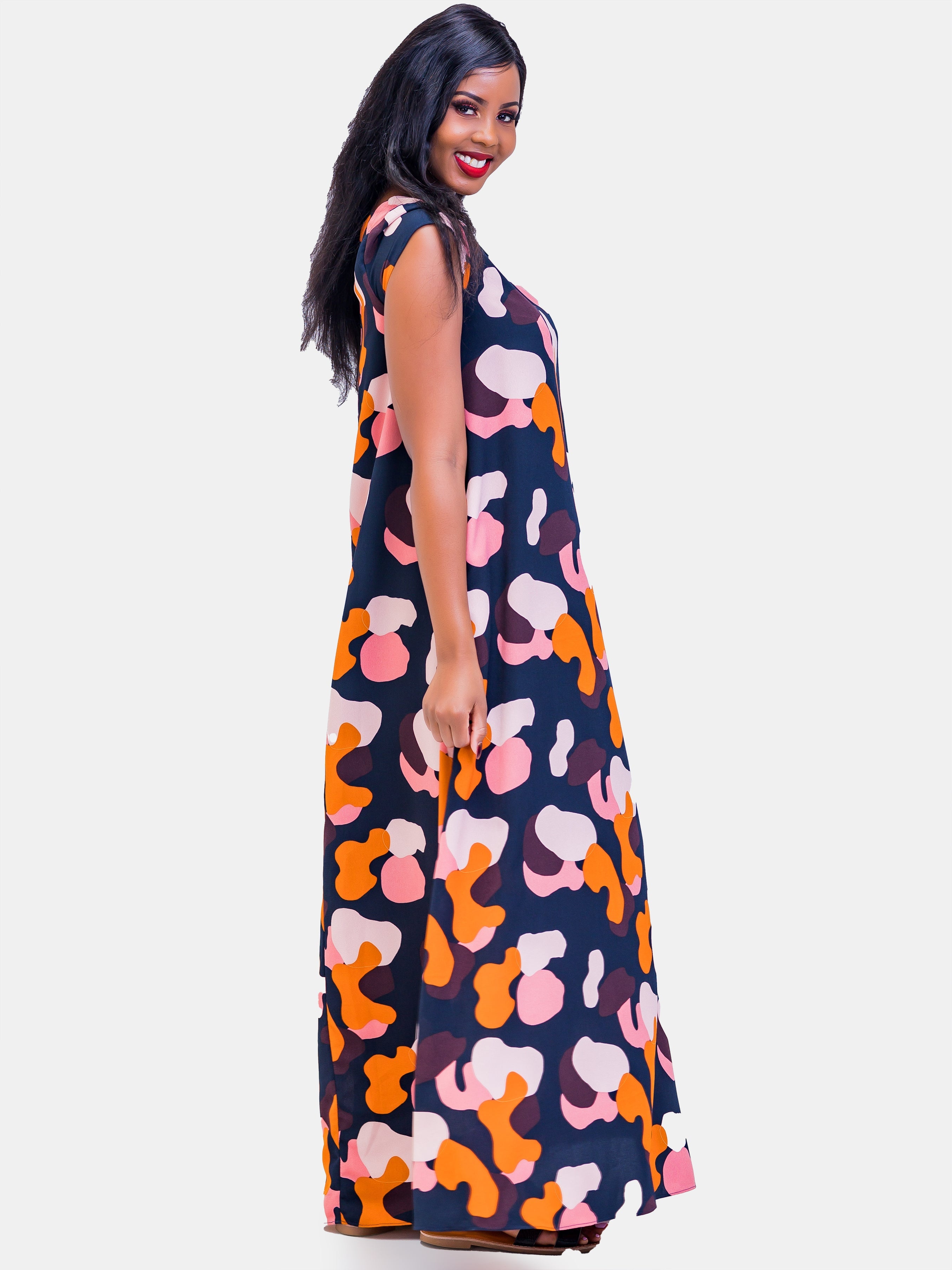 Vivo Basic Cap Sleeved Tent Maxi Dress - Orange Print