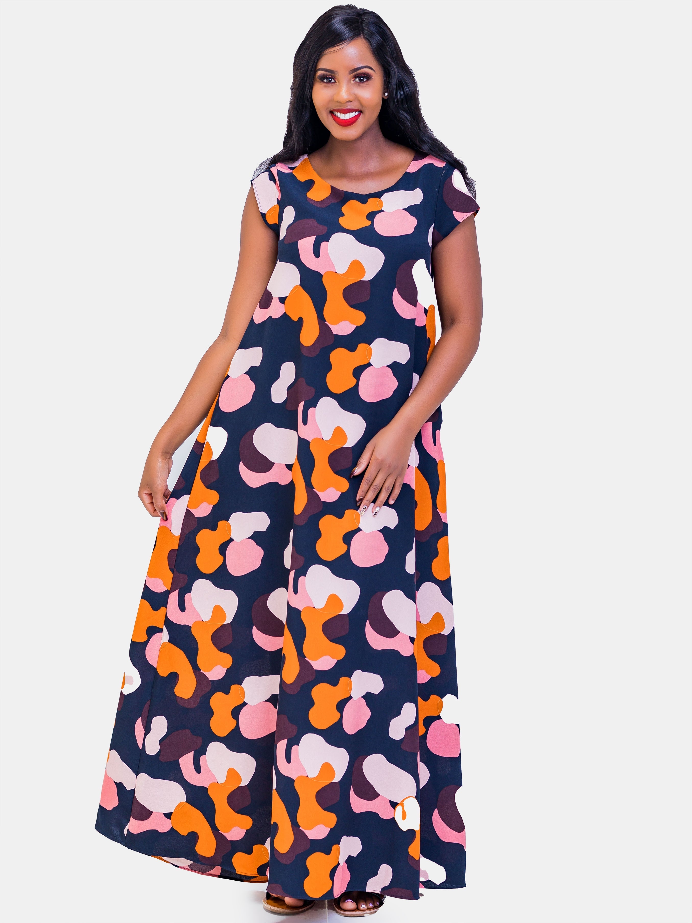 Vivo Basic Cap Sleeved Tent Maxi Dress - Orange Print