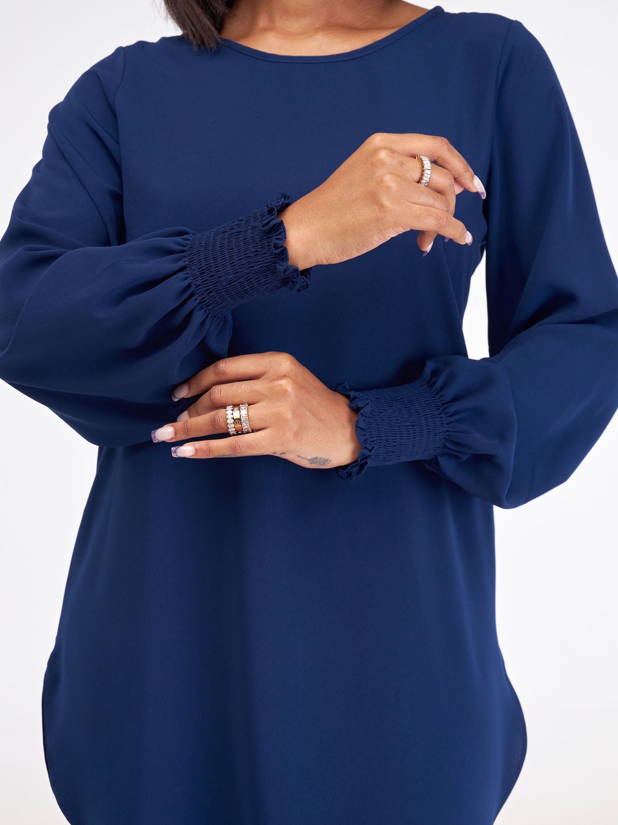 Vivo Basic Shirred Sleeve Dress Top - Navy Blue
