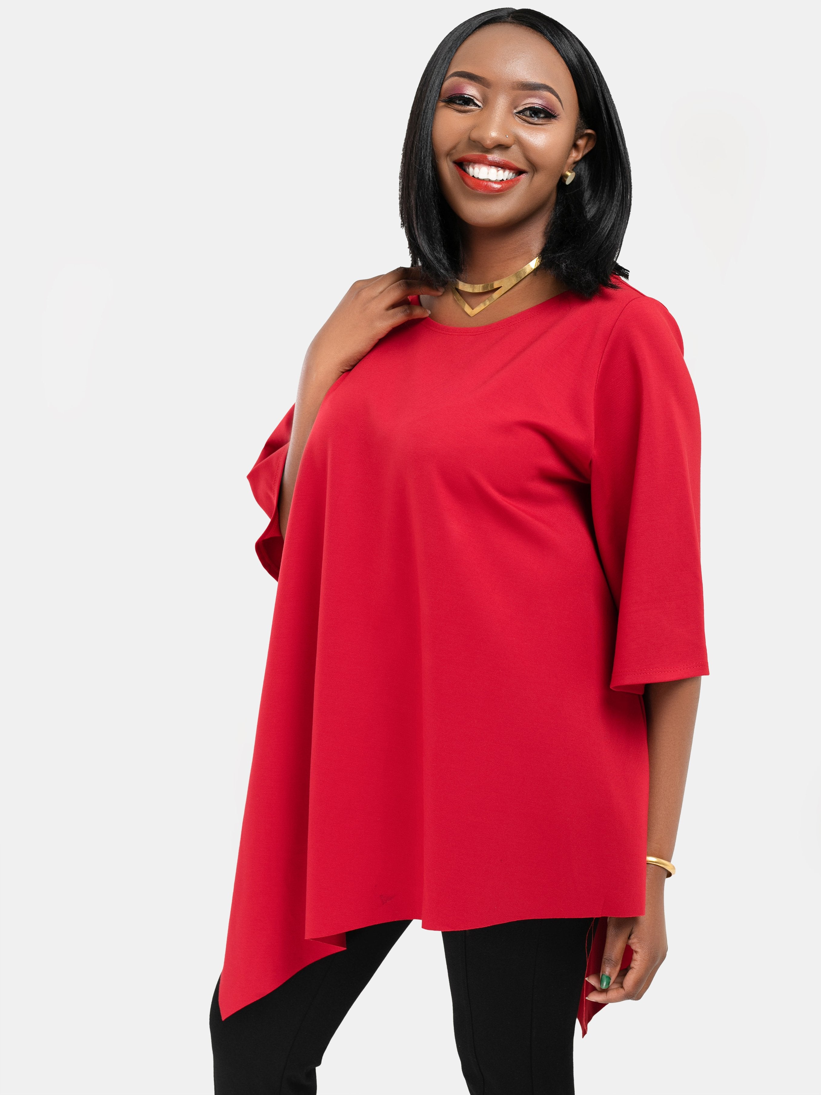 Vivo Asymmetrical Angel Sleeve Top - Red - Shop Zetu