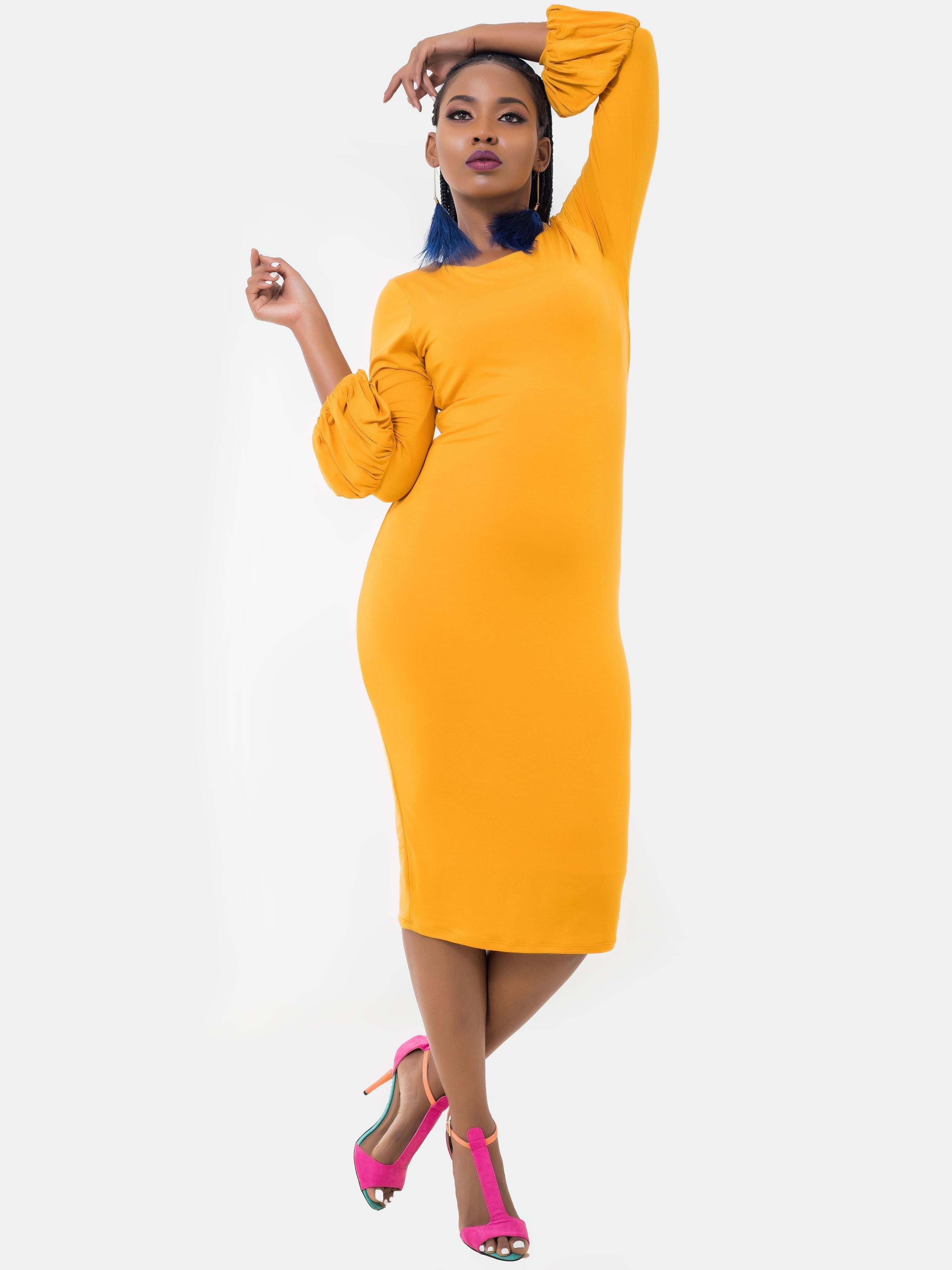 Vivo Basic Puff Sleeved Bodycon - Mustard