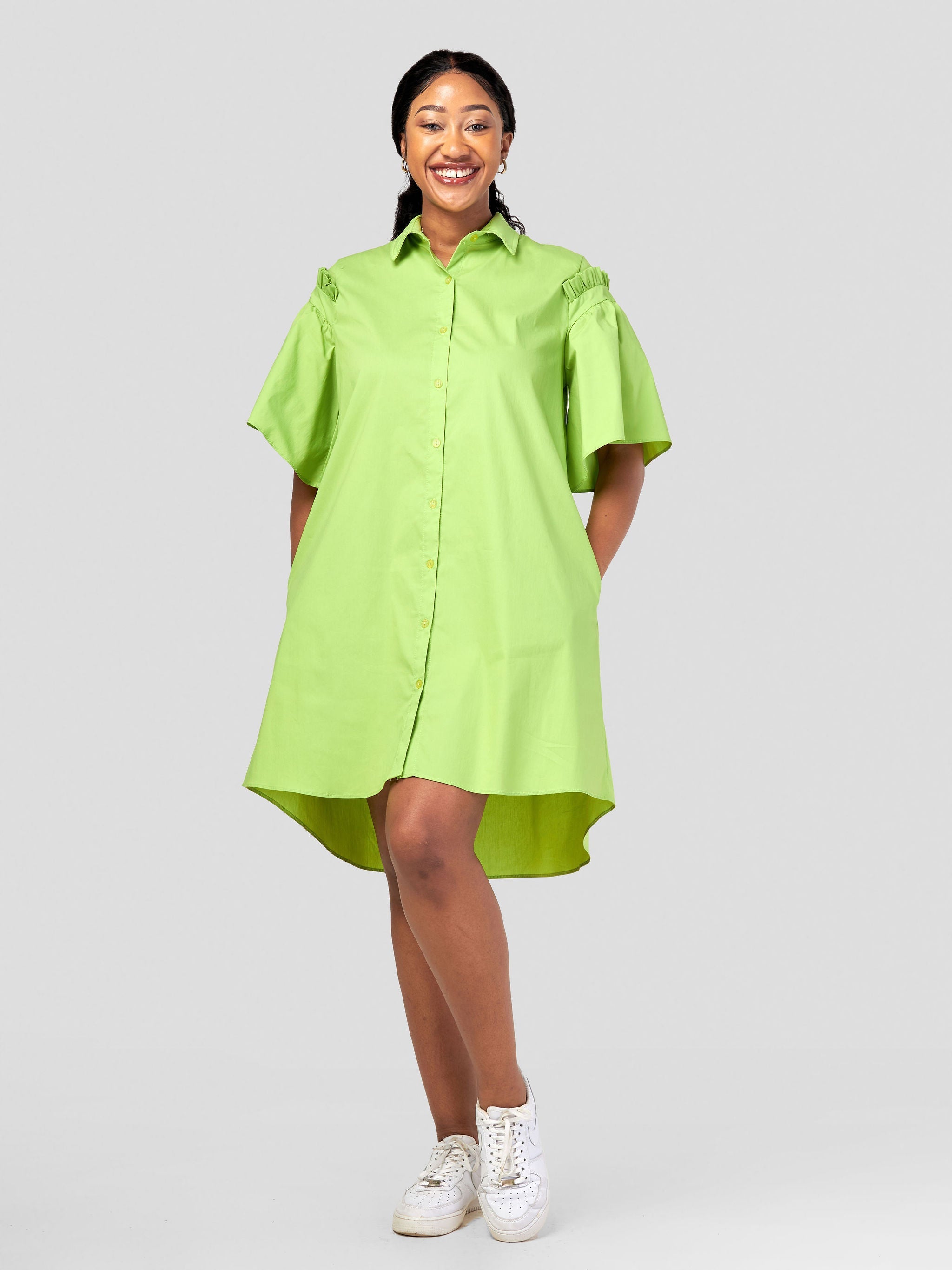 Safari Mali Gathered Flounce Sleeve Shirt Dress - Lime Green