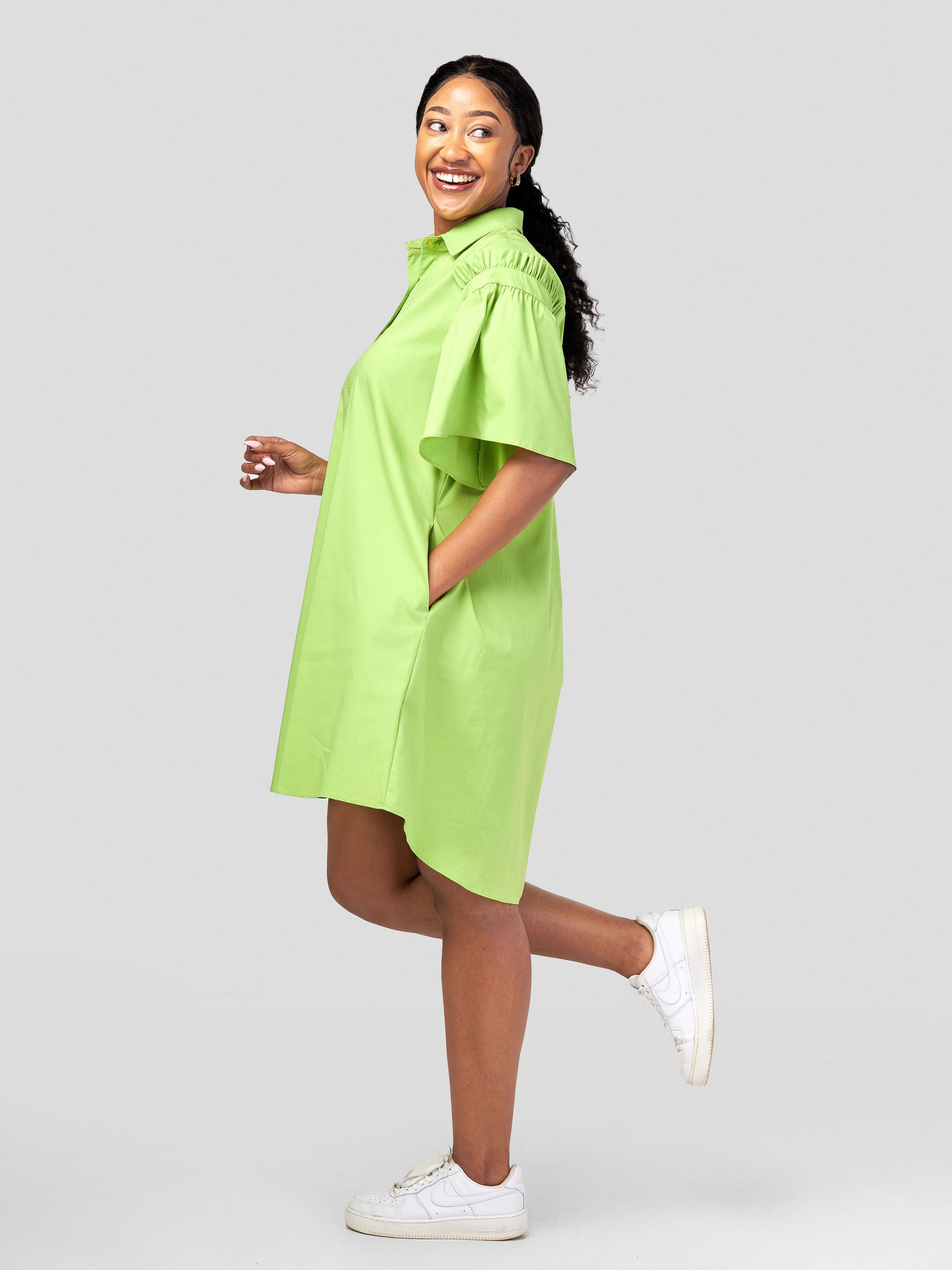 Safari Mali Gathered Flounce Sleeve Shirt Dress - Lime Green