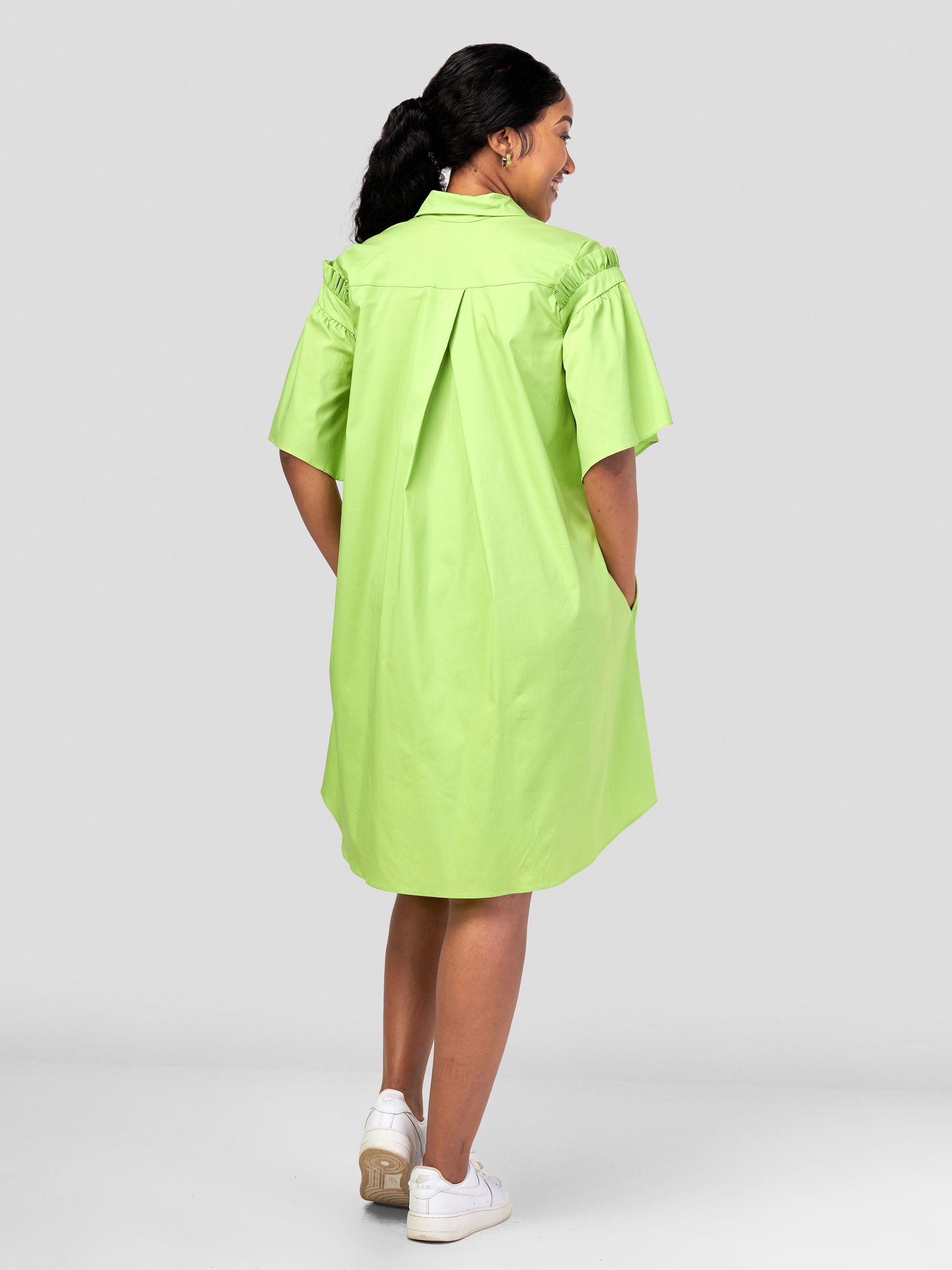 Safari Mali Gathered Flounce Sleeve Shirt Dress - Lime Green