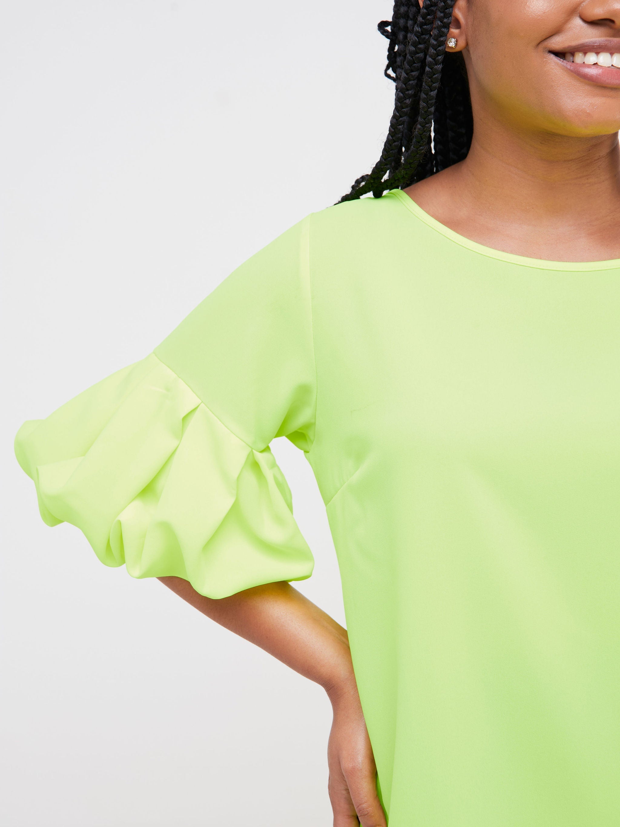 Vivo Basic Boundneck Puff Sleeve Top - Lime Green