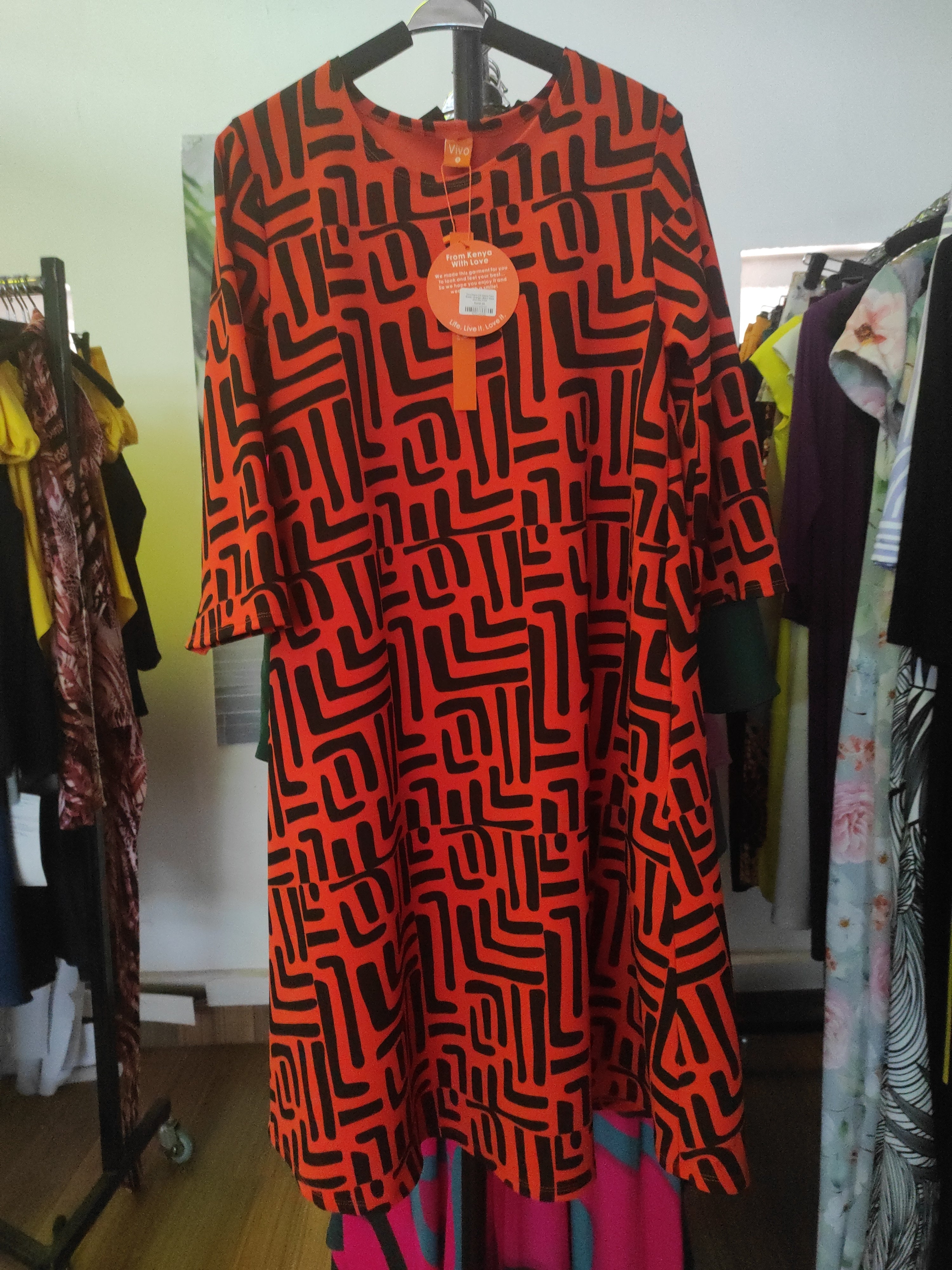 Vivo Imara 3/4 Sleeve Tent Dress - Orange / Black Maze Abstract Print