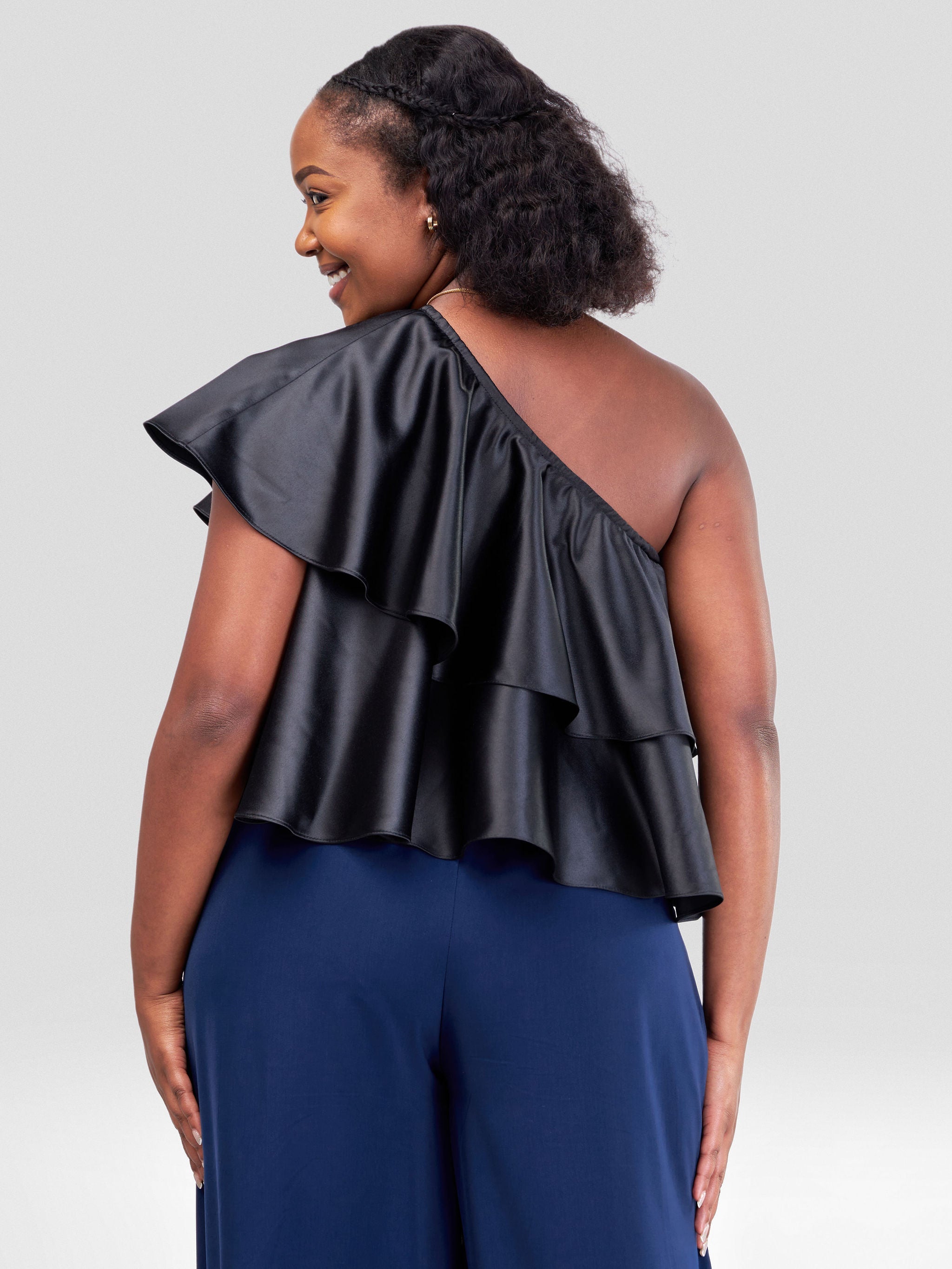 Vivo Naya One Shoulder Flounce Satin Crop Top - Black