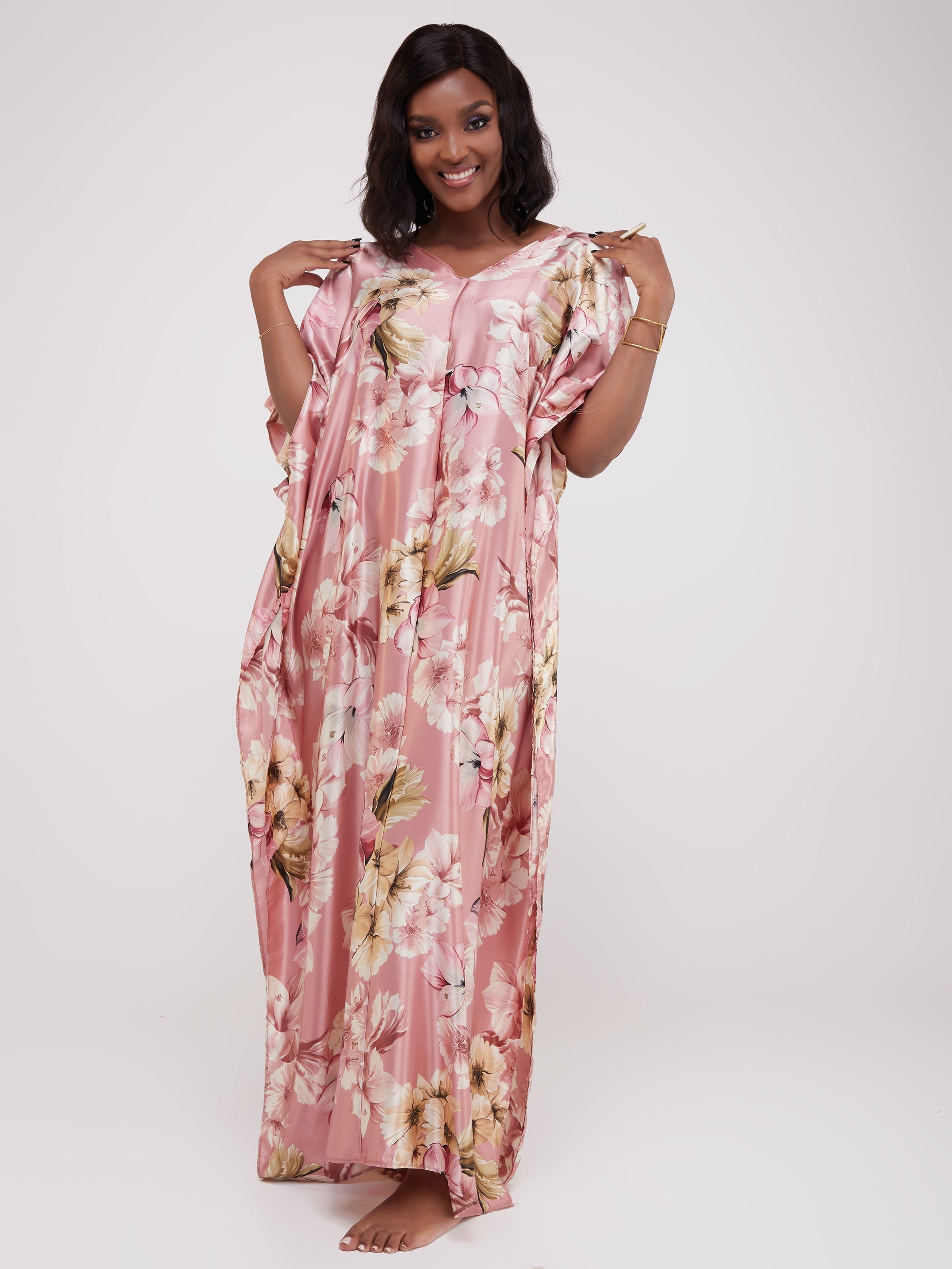 Vivo Basic V-Neck Satin Kaftan - Pink / Buttermilk Print