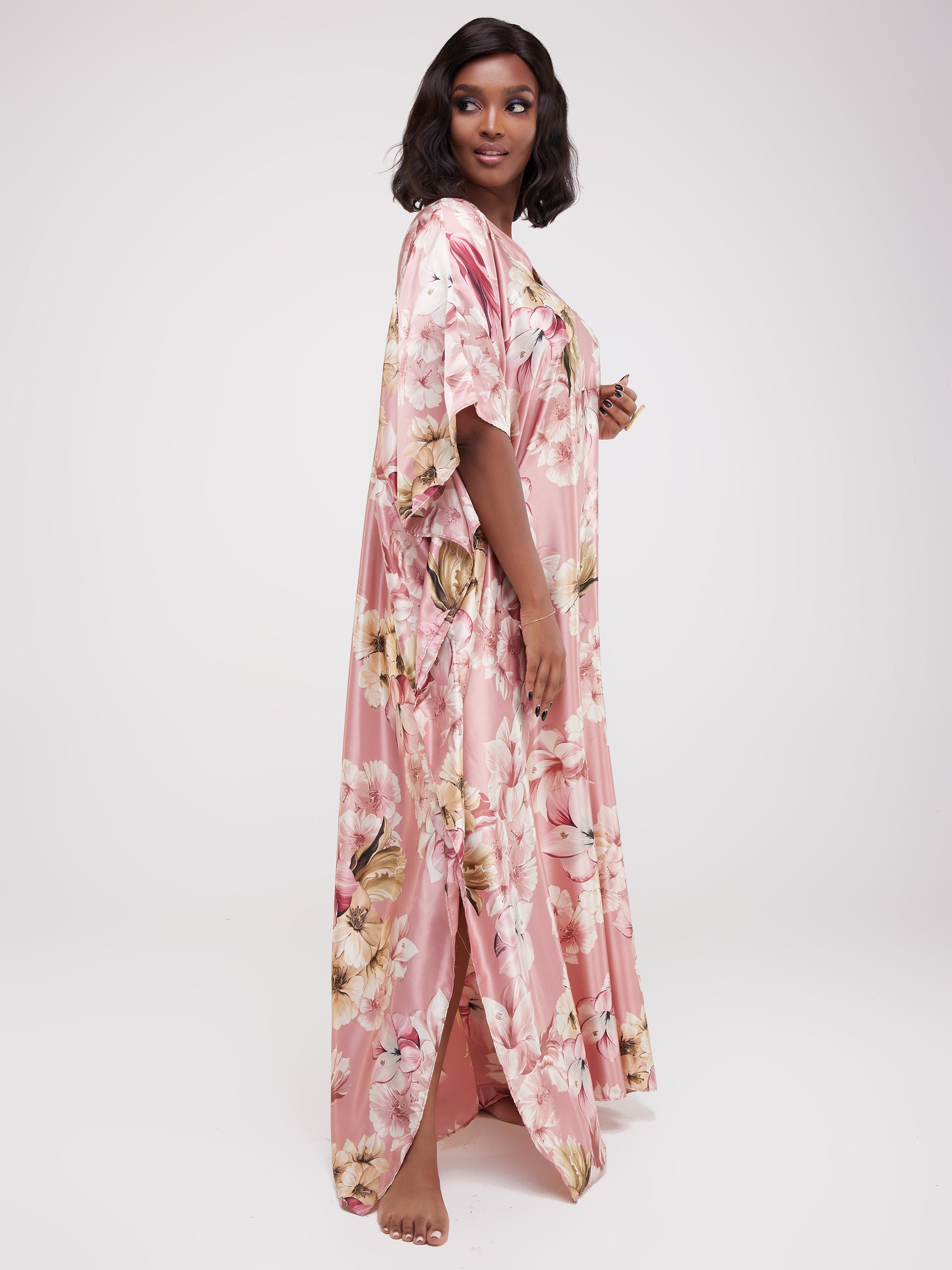 Vivo Basic V-Neck Satin Kaftan - Pink / Buttermilk Print