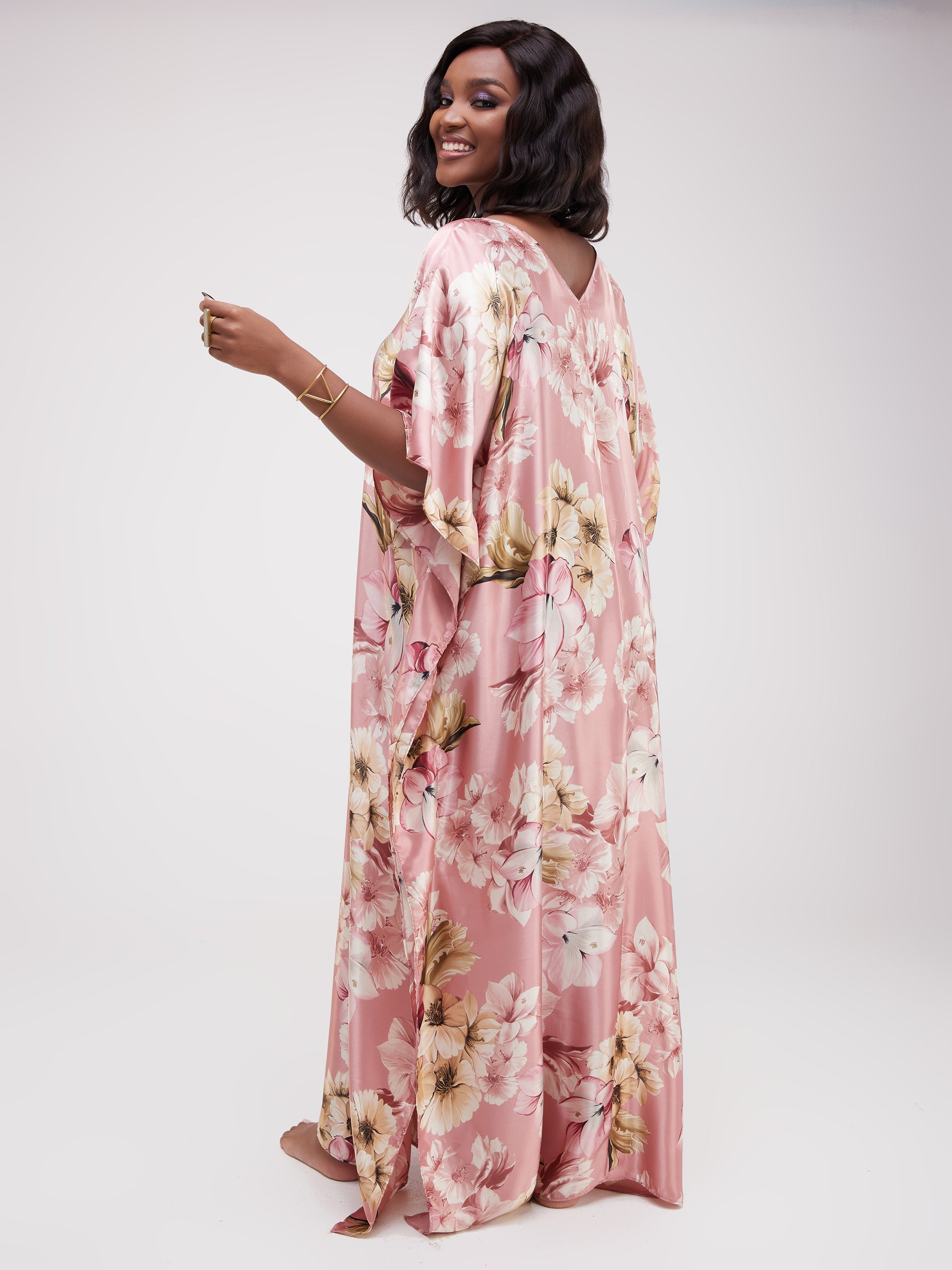 Vivo Basic V-Neck Satin Kaftan - Pink / Buttermilk Print